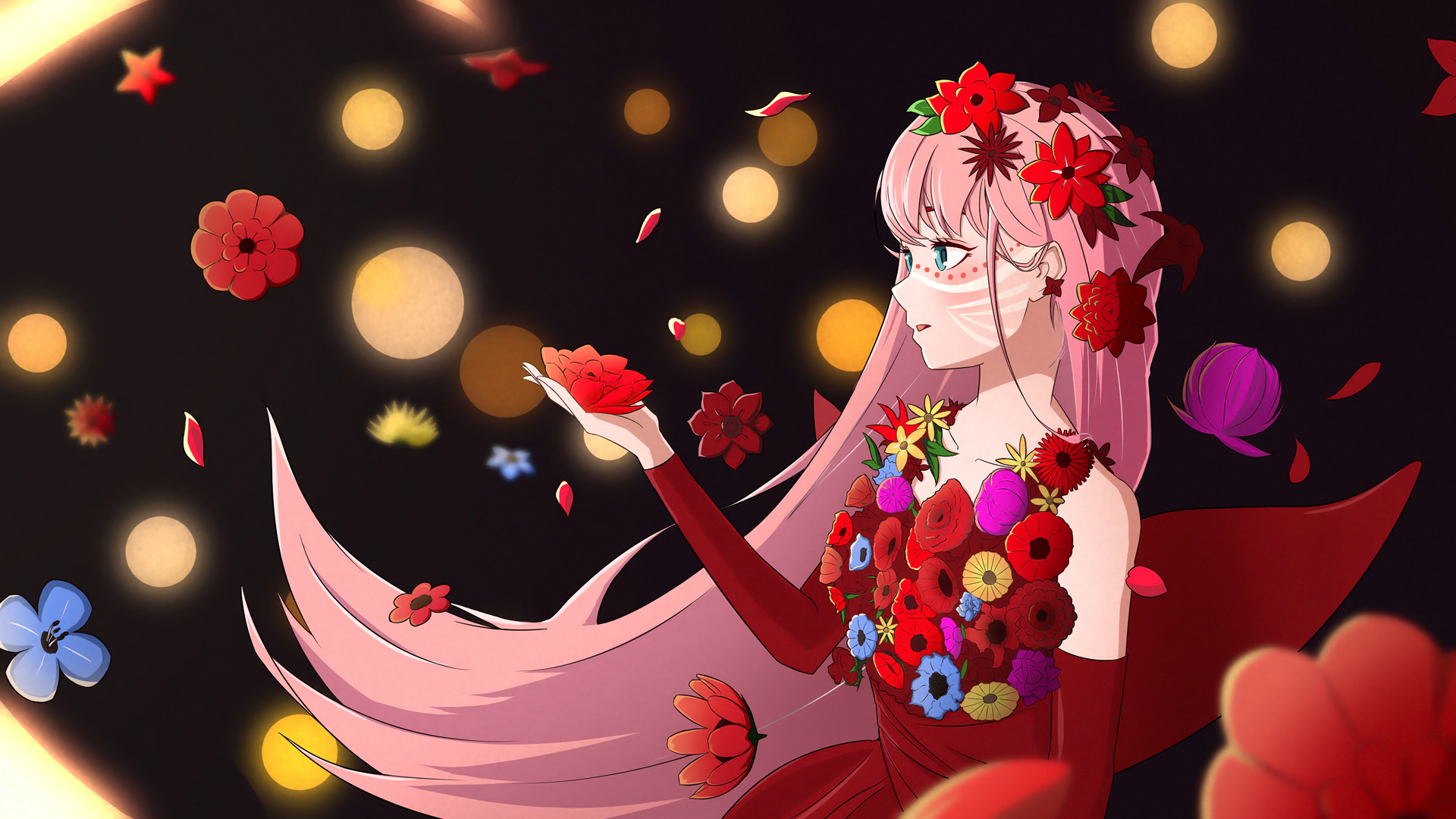 Anime 1920x1080 Ryuu to Sobakasu no Hime flowers flower in hair petals pink hair blue eyes Pixiv simple background lights anime girls long hair blushing minimalism