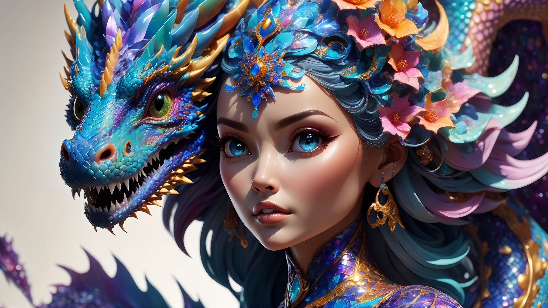 General 1920x1080 AI art CGI colorful dragon girl blue eyes digital art dragon looking at viewer earring face closeup