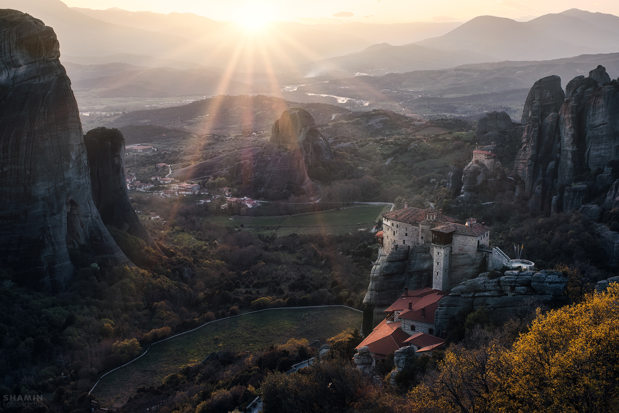 General 2000x1333 nature landscape trees monastery Meteora Greece mountains sun rays fall forest valley sunlight