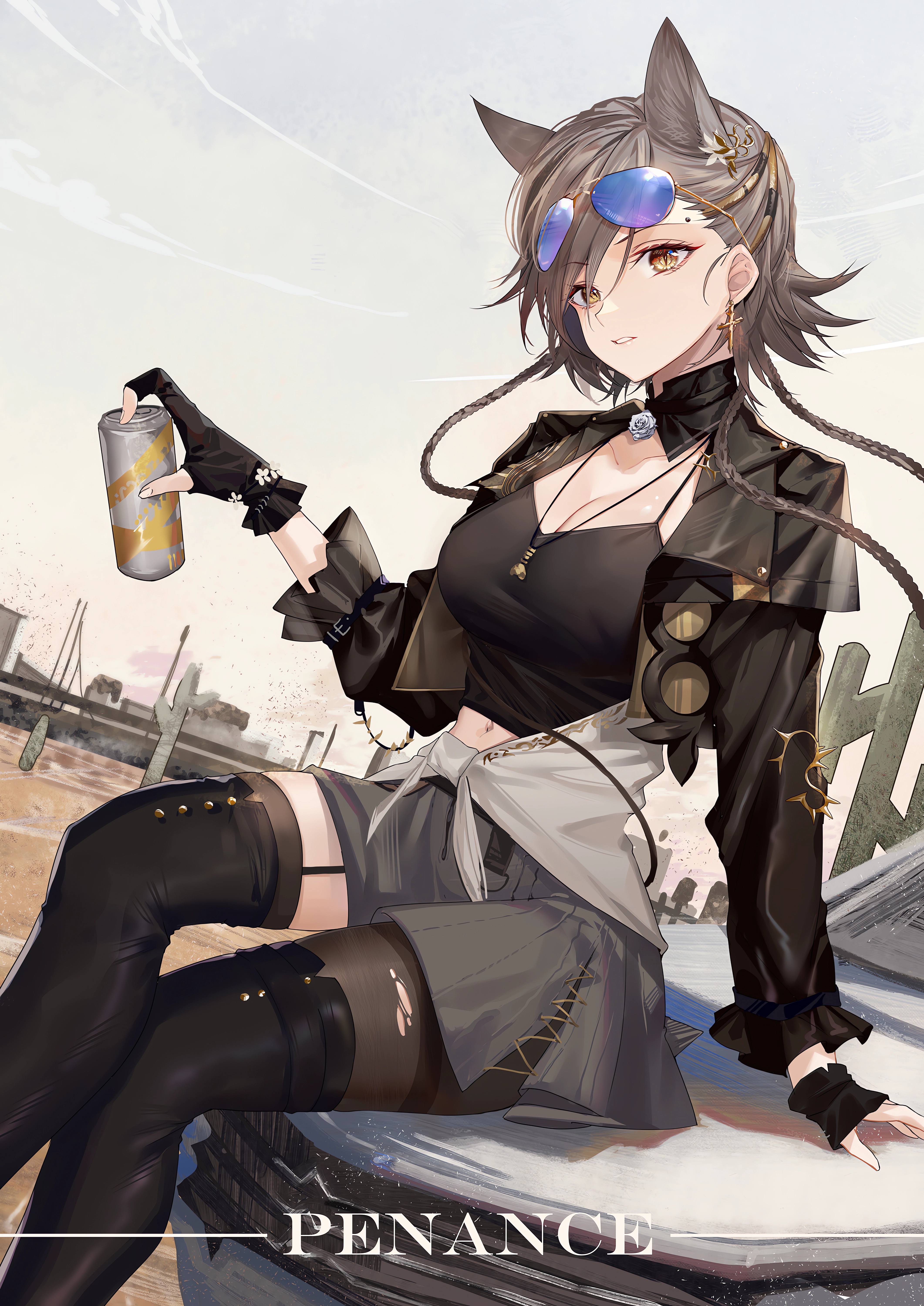 Anime 4244x6000 anime anime girls Penance(Arknights) Arknights sitting portrait display sunglasses gloves fingerless gloves looking at viewer braids earring cross necklace cleavage fox girl fox ears