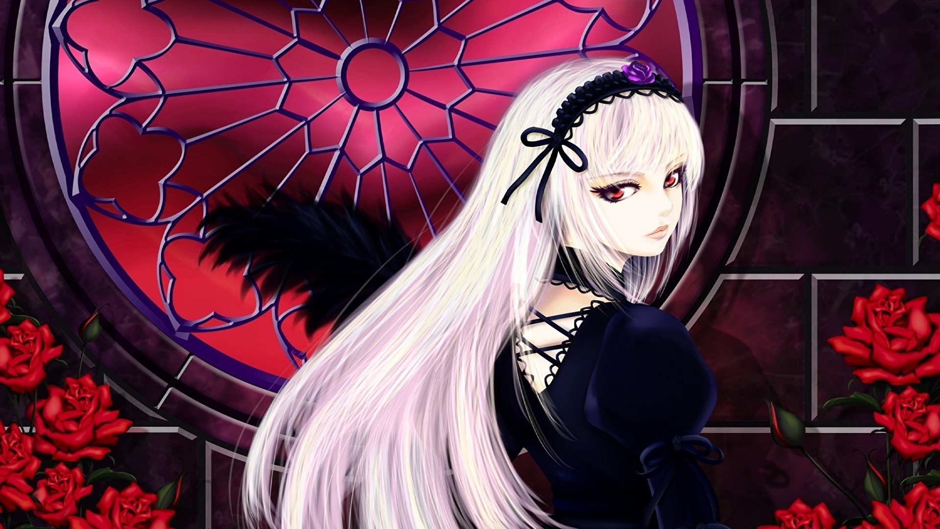Anime 1920x1080 anime girls Gothic long hair looking at viewer looking back flowers white hair red eyes dress