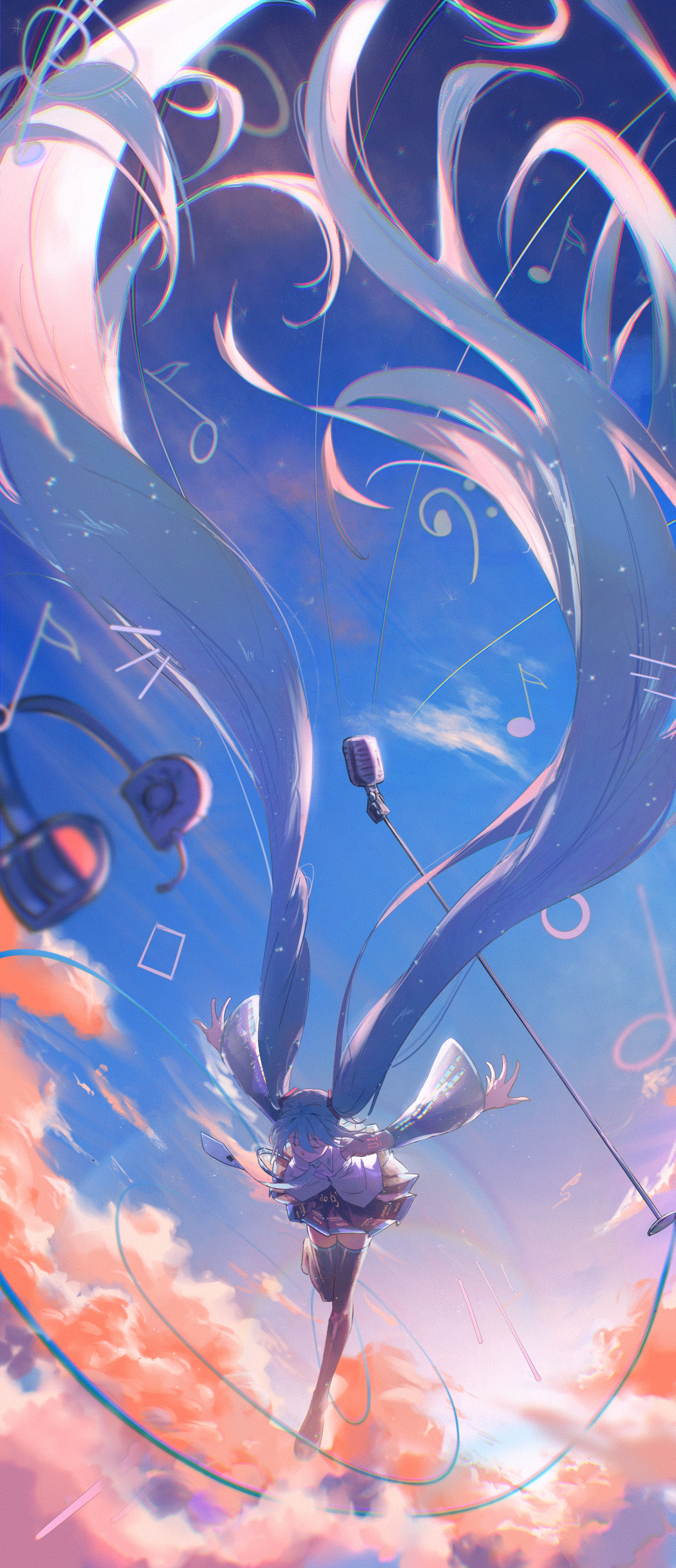 Anime 2047x4745 Vocaloid Hatsune Miku anime girls portrait display sunset detached sleeves floating zettai ryouiki long hair microphone clouds musical notes Yooseina closed eyes headphones sky twintails blue hair sunset glow