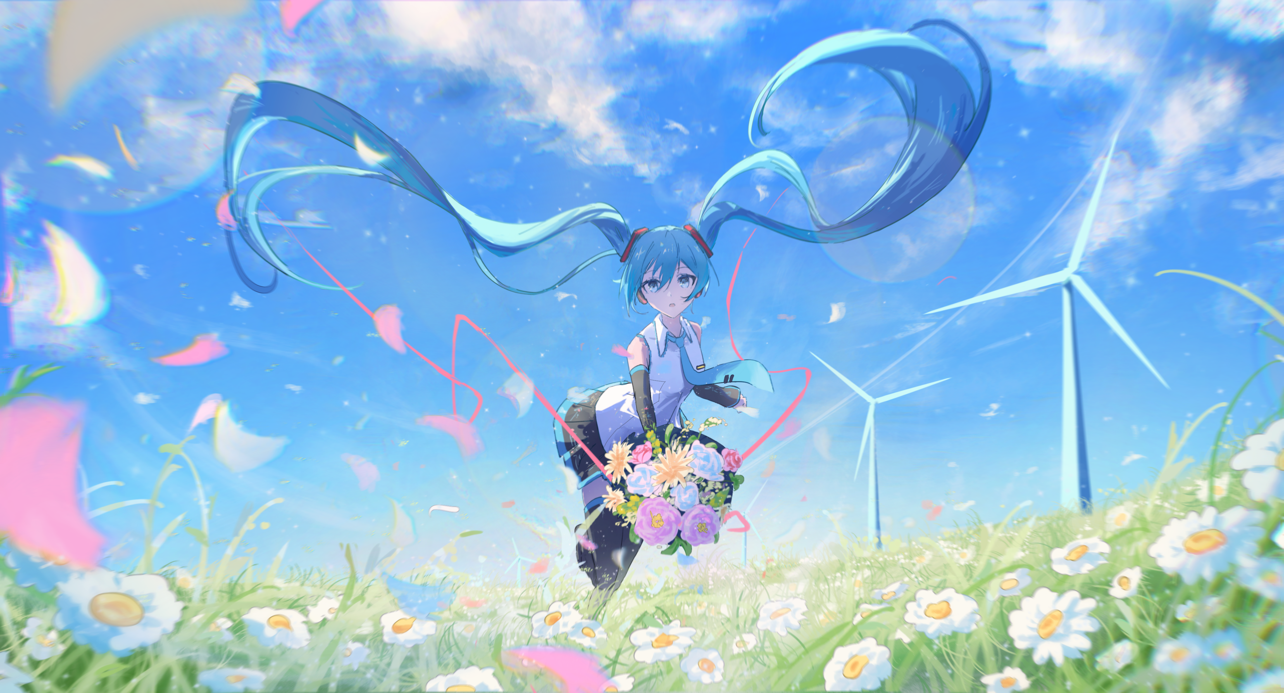 Anime 4391x2371 Vocaloid Hatsune Miku anime girls long hair blue hair wind turbine bouquets twintails outdoors landscape looking at viewer petals Yooseina detached sleeves flowers clouds sky field leaves grass