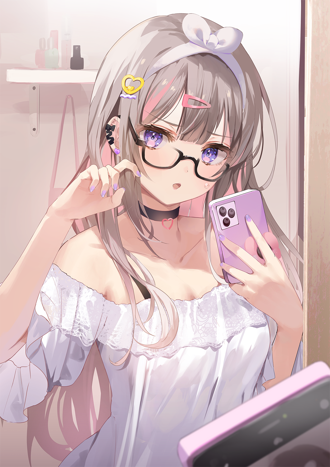 Anime 1059x1500 anime anime girls digital art artwork 2D petite portrait looking at viewer glasses portrait display phone choker two tone hair ear piercing long hair