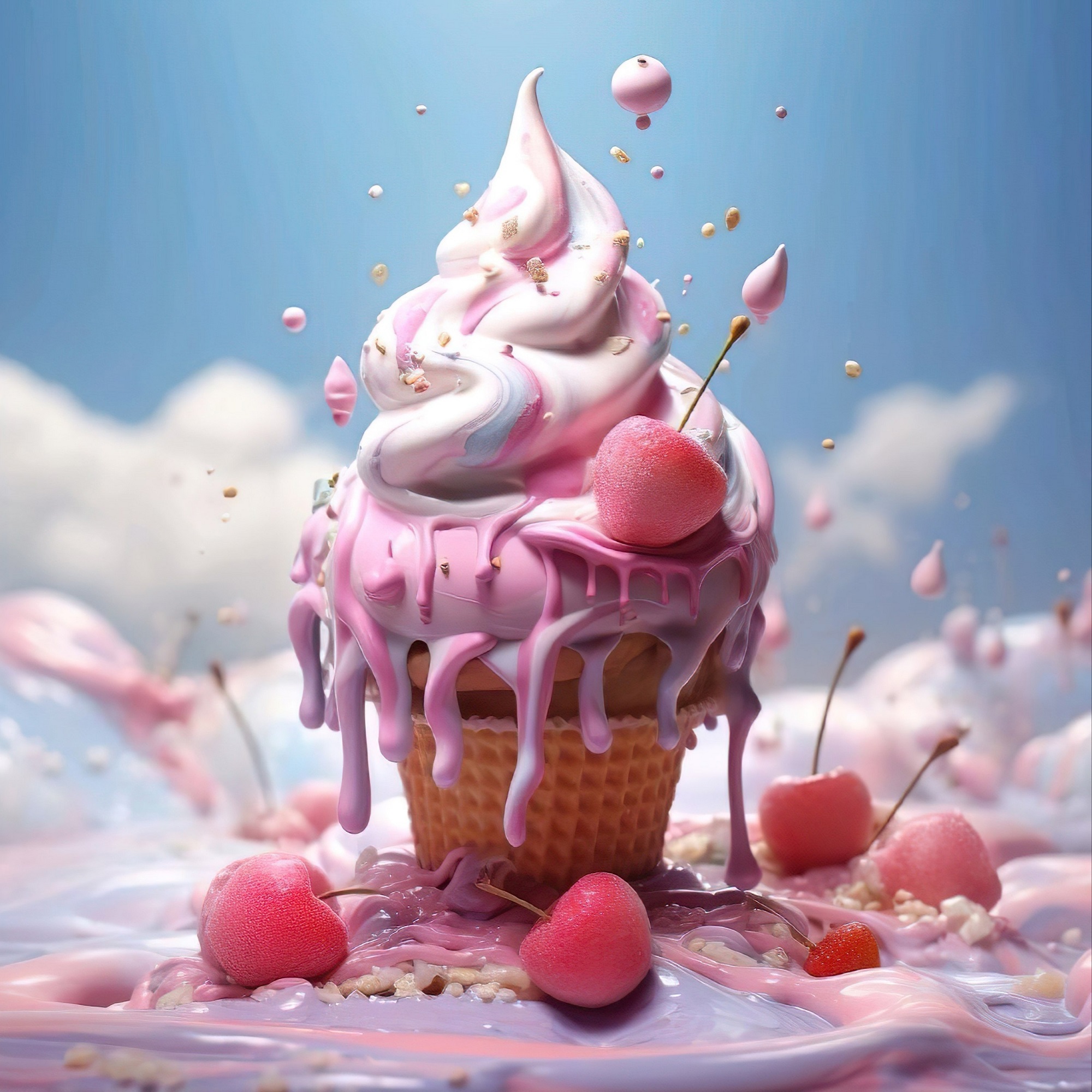 General 2000x2000 Alexey Sominsky AI art Midjourney food sweets clouds digital art cupcakes cherries fruit blurred blurry background