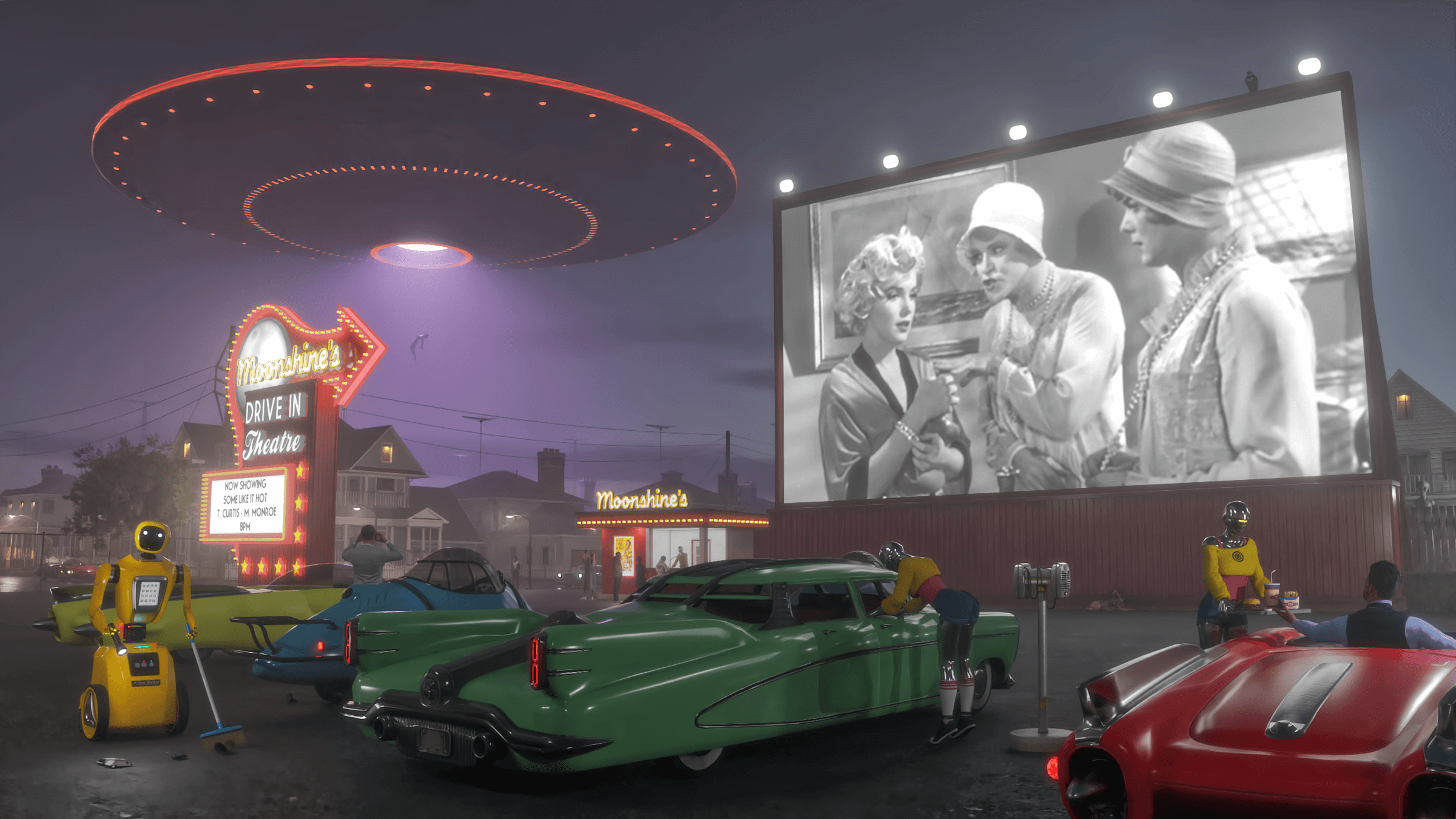 General 2400x1350 artwork city car robot flying saucers Drive-in Theater night Some Like it Hot UFO movies Marilyn Monroe Tony Curtis Jack Lemmon crossdressing Comedian digital art