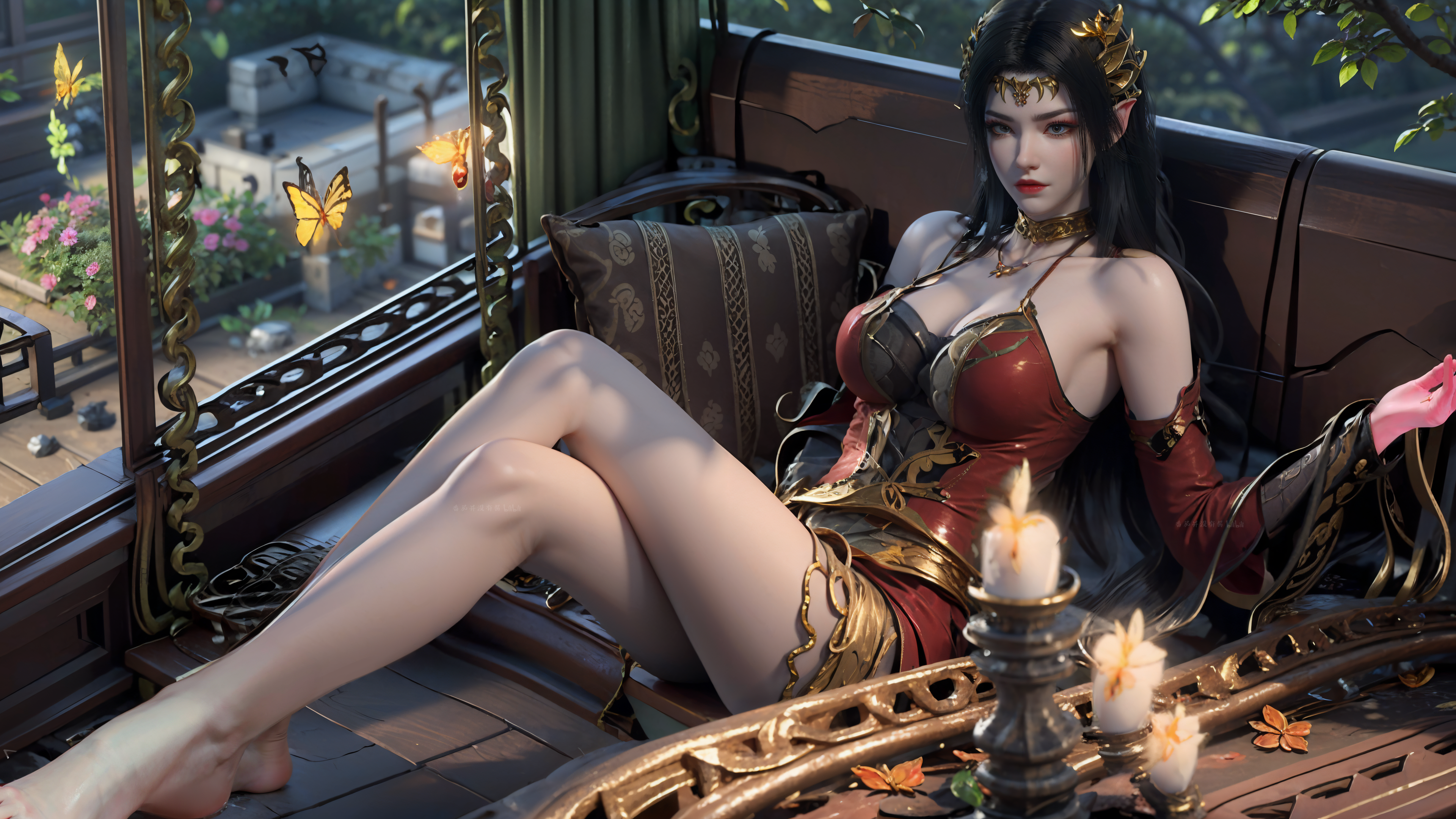 General 3840x2160 Guoman DouPoCangQiong AI art digital art legs crossed sideboob cleavage big boobs long hair pointy ears sitting butterfly looking at viewer pillow legs thighs leaves women candles