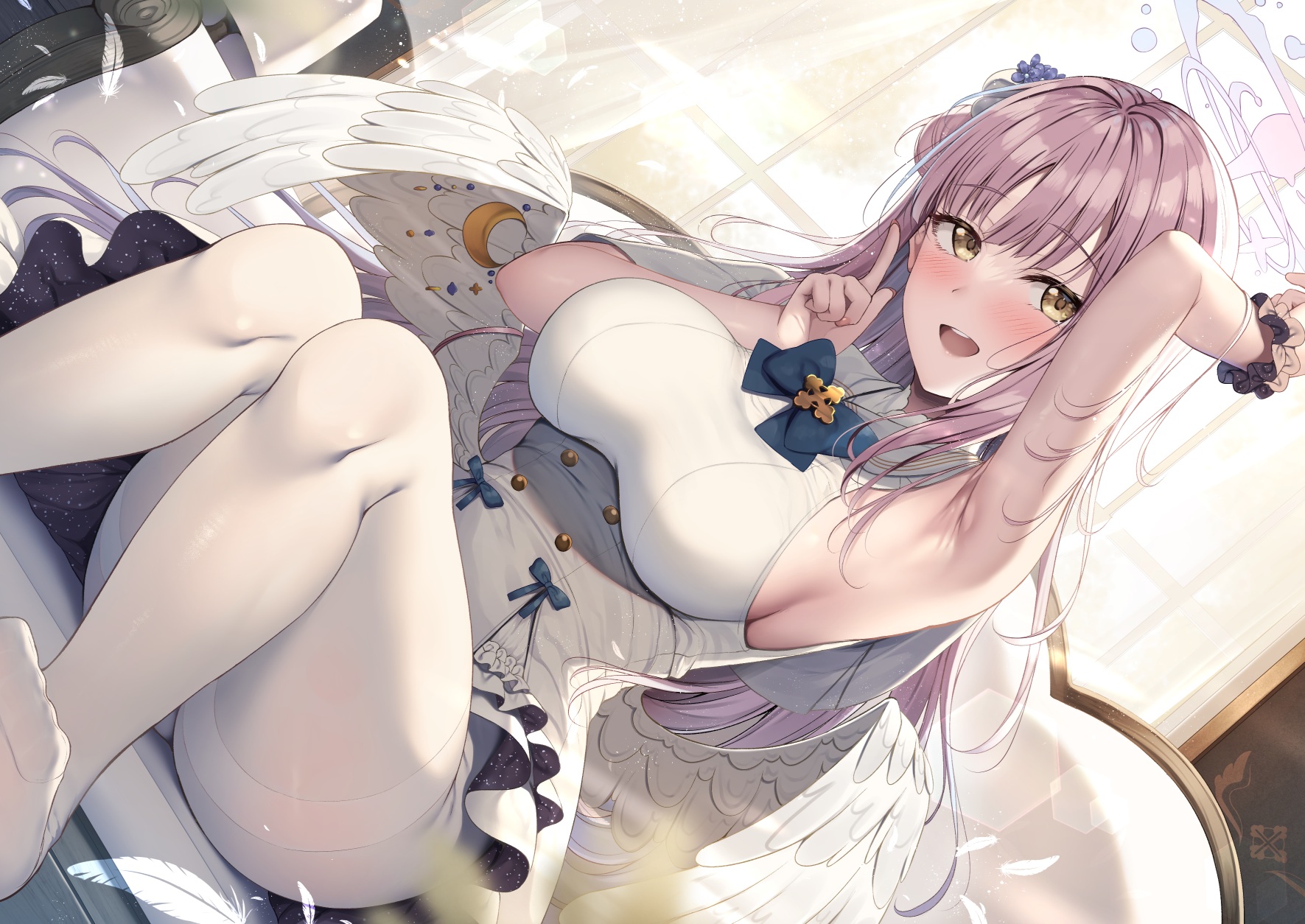 Anime 1771x1254 anime anime girls Blue Archive Misono Mika armpits sideboob big boobs sitting pantyhose bow tie blushing looking at viewer wings long hair pink hair yellow eyes one arm up feathers open mouth