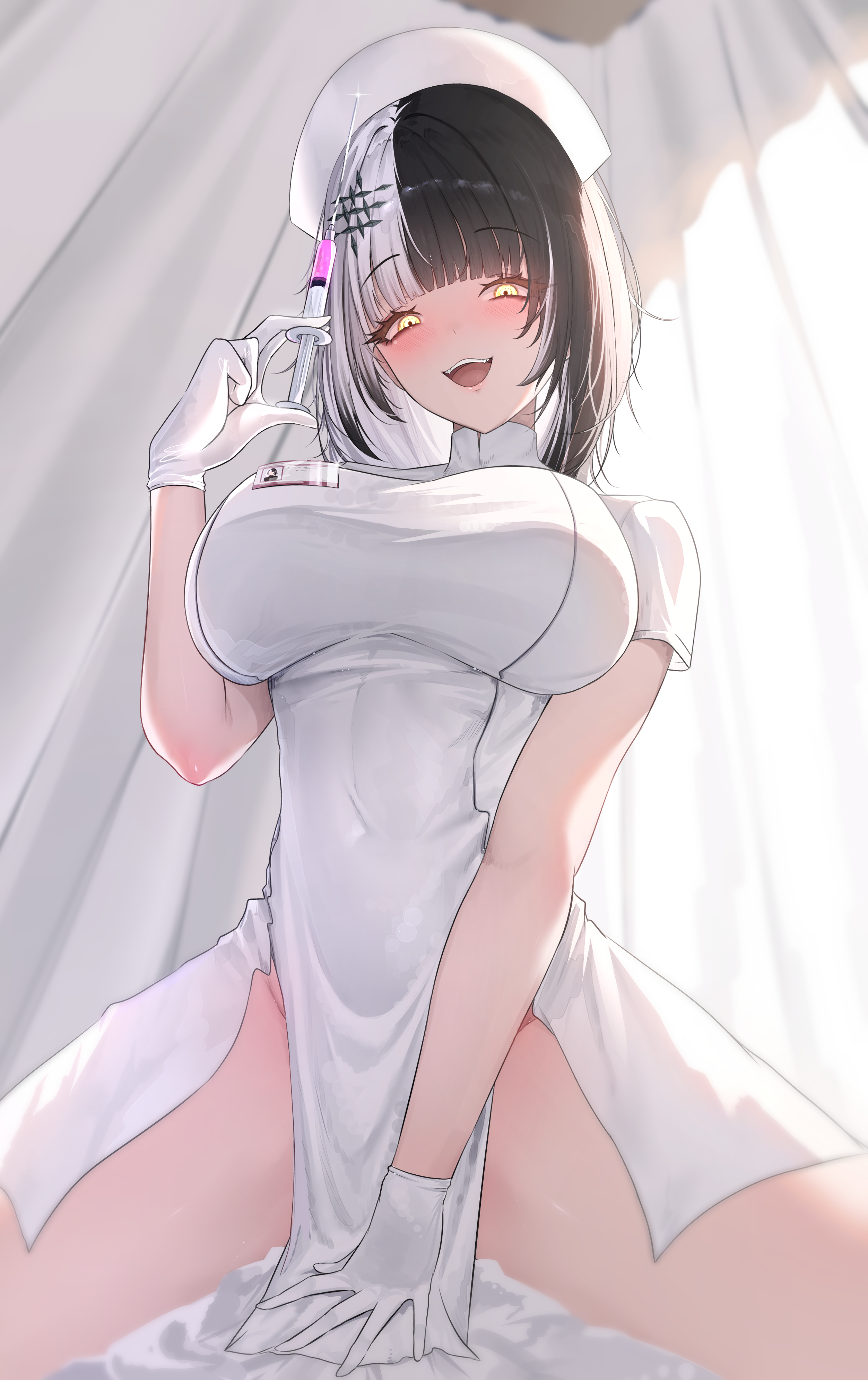 Anime 2504x3980 Hololive Shiori Novella portrait display anime girls Virtual Youtuber syringe two tone hair white gloves prab white clothing nurse outfit long hair blushing yellow eyes spread legs huge breasts nopan hand(s) between legs smiling open mouth looking at viewer gloves