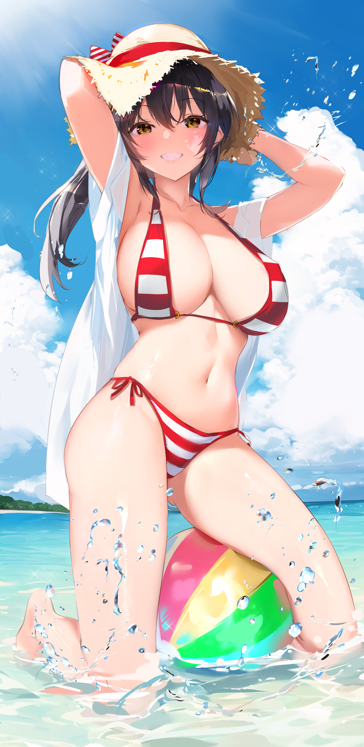 Anime 1200x2459 anime girls portrait display bikini striped bikini swimwear huge breasts cleavage beach ball beach women on beach clouds women outdoors looking at viewer sun hats straw hat hands on head Yaegashi Nan long hair black hair water drops brown eyes kneeling in water open clothes thick thigh smiling blushing belly button see-through clothing sky water thighs hat