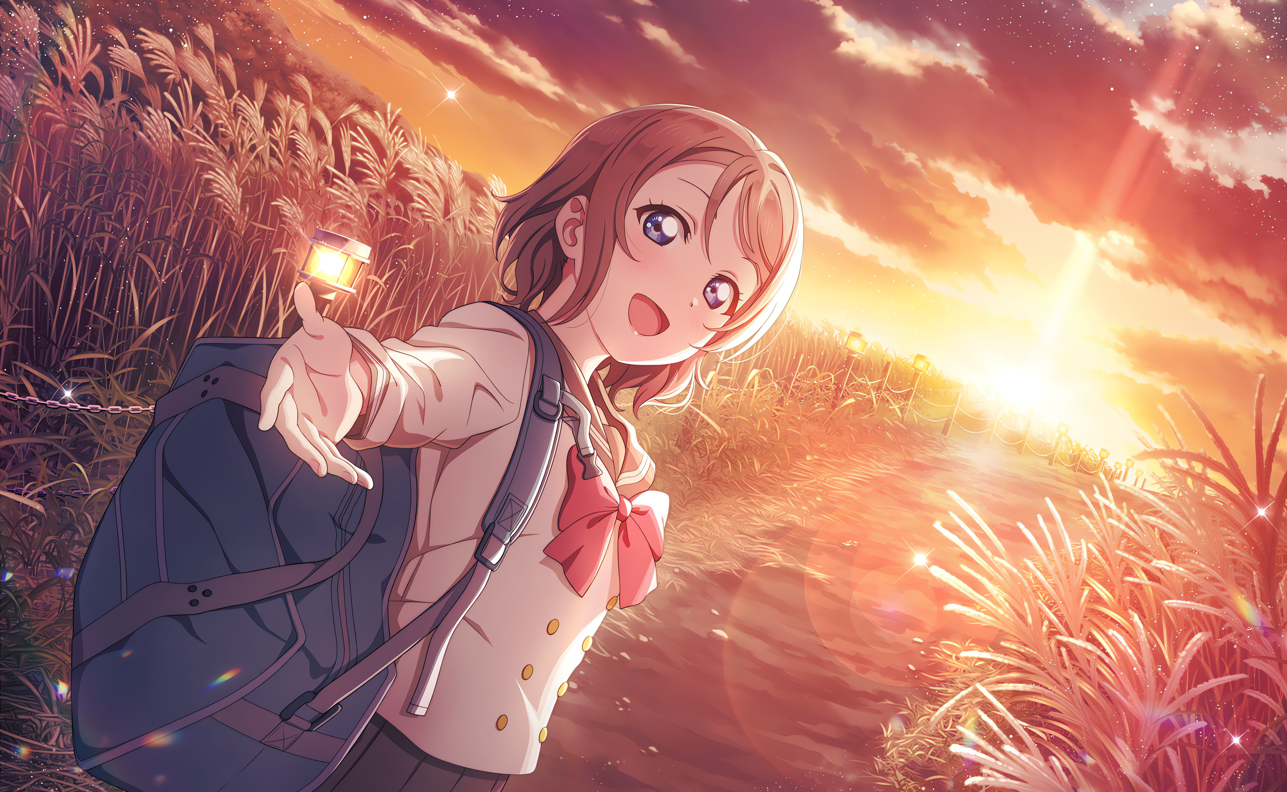 Anime 4096x2520 Watanabe You Love Live! Love Live! Sunshine Sun arms reaching backpacks schoolgirl school uniform field looking at viewer path open mouth anime anime girls sunset sunset glow sky clouds sunlight bow tie