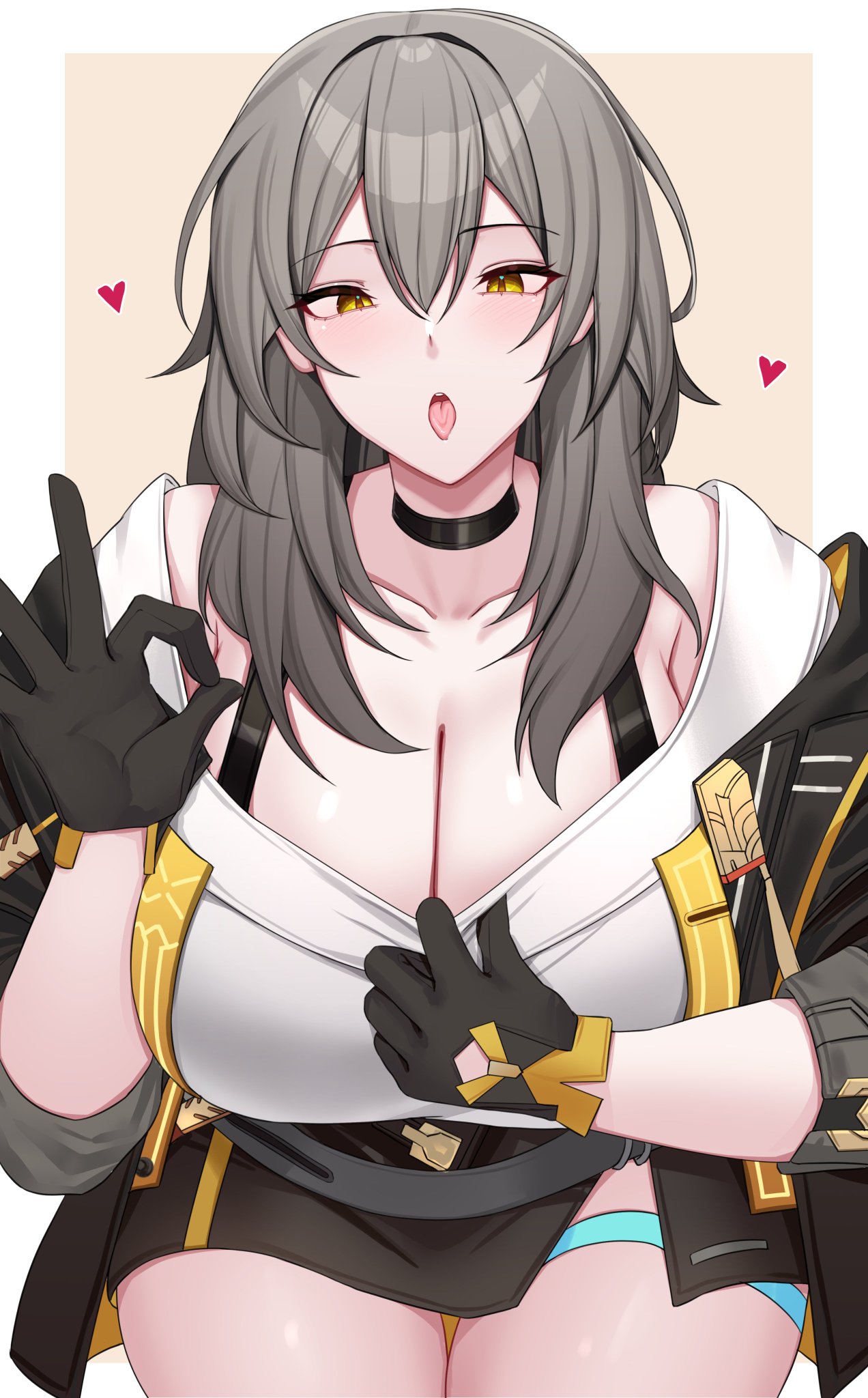 Anime 1272x2048 Stelle (Honkai:Star Rail) video game girls choker gloves portrait display anime girls tongue out heart looking at viewer cleavage huge breasts pulling clothing yellow eyes silver hair Honkai: Star Rail OK sign open mouth
