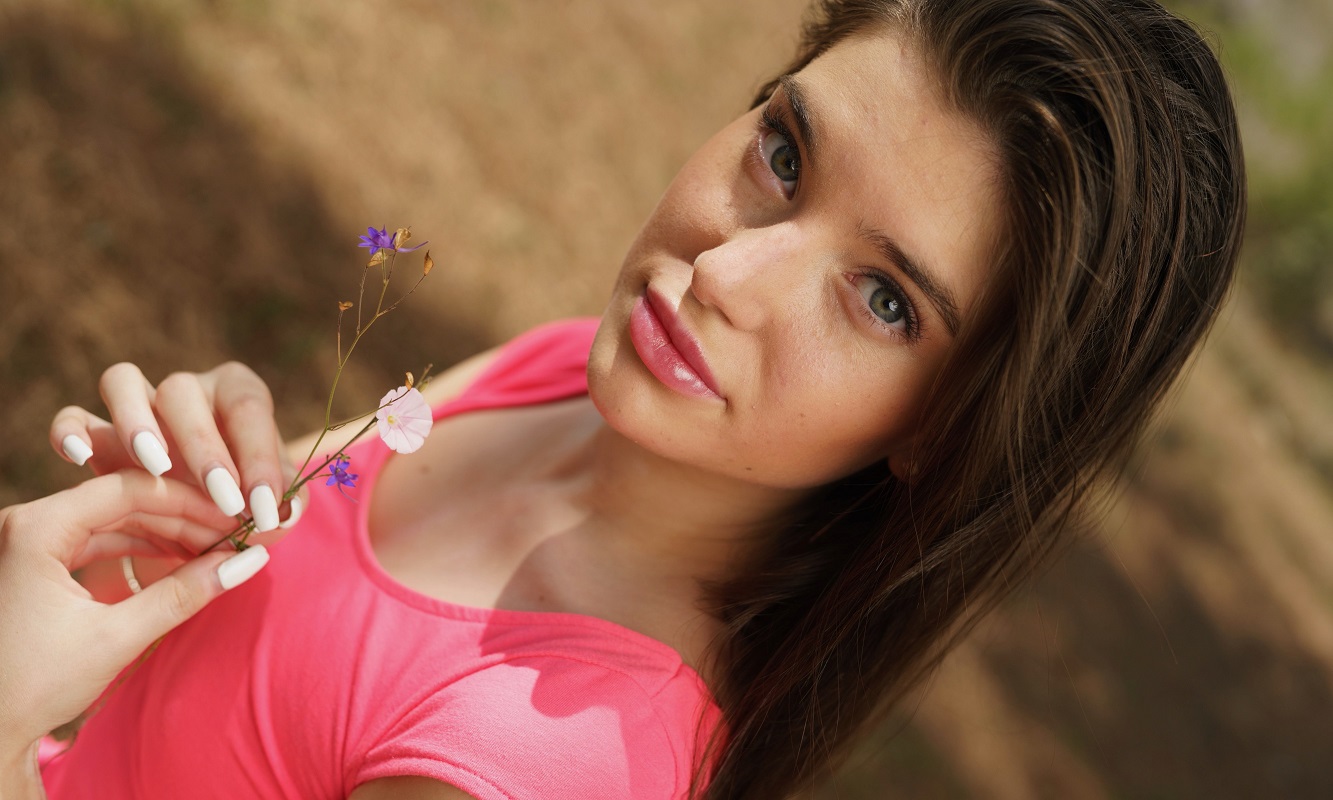 People 1333x800 Stefany Kyler brunette women long hair pink tops gray eyes pink clothing closed mouth pornstar pink lipstick closeup straight hair green eyes