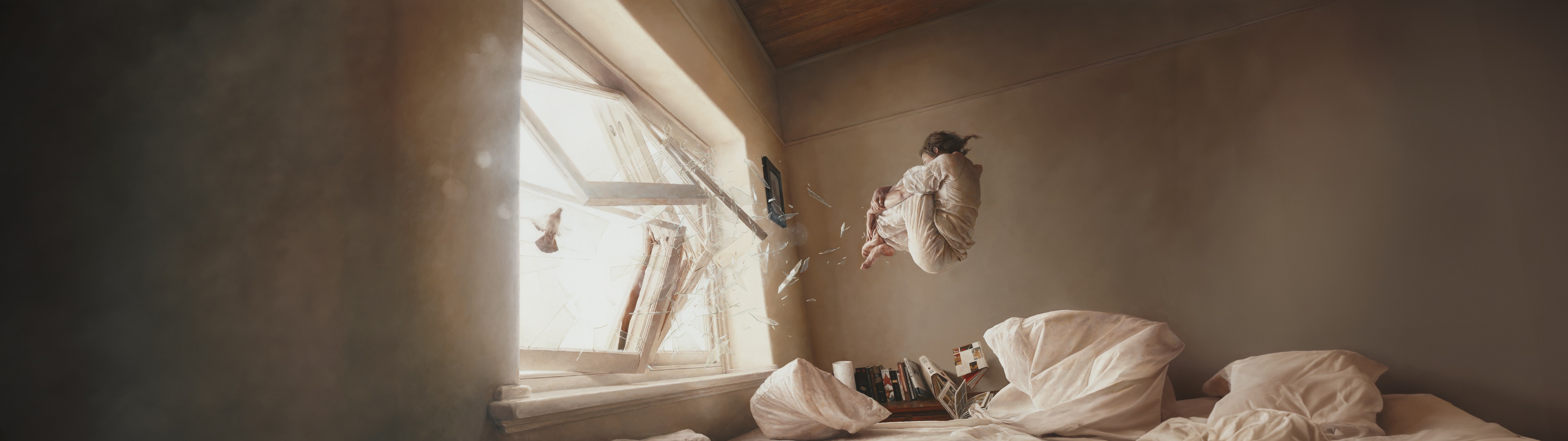 General 3944x1109 Jeremy Geddes oil painting ultrawide bedroom broken glass artwork window pillow painting digital art