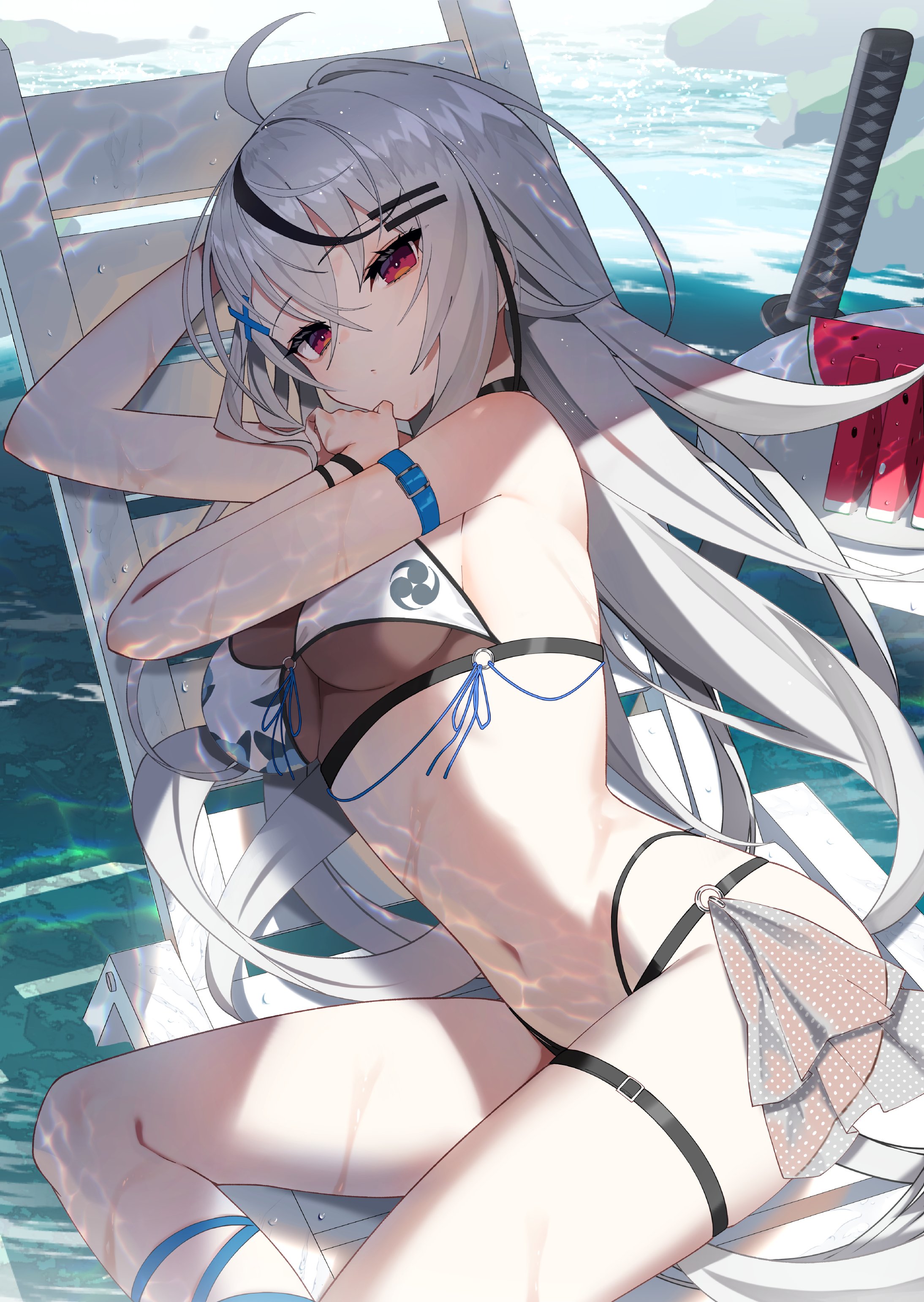 Anime 2188x3084 Sbi E-Sports swimwear portrait display anime girls Shunsui Rei watermelons bikini weapon wet looking at viewer sunbed lying down long hair two tone hair gray hair lying on side big boobs red eyes hair ornament water drops katana sword slices thighs Sukocchi women outdoors thigh strap water