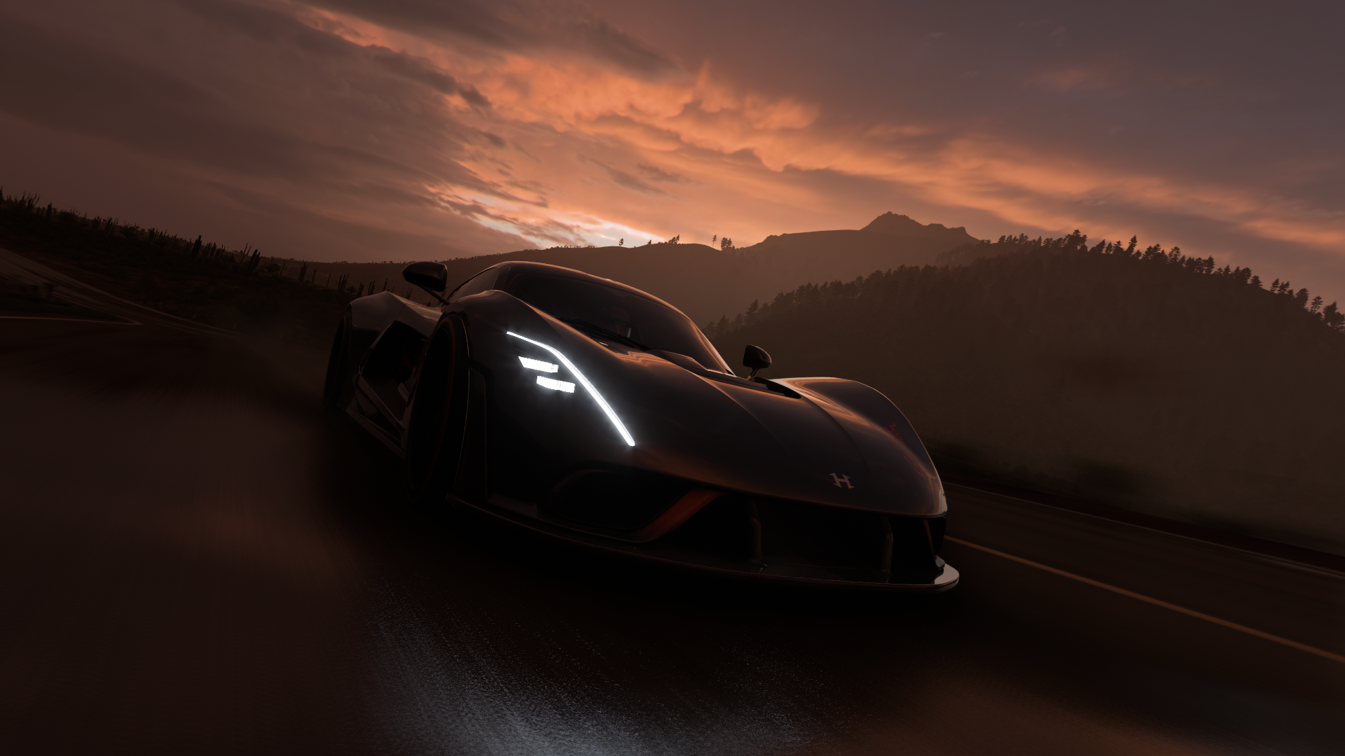 General 1920x1080 Forza Horizon 5 screen shot PC gaming Hennessey Venom F5 American cars Hypercar Hennessey frontal view video games vehicle PlaygroundGames car video game art CGI sunset sunset glow