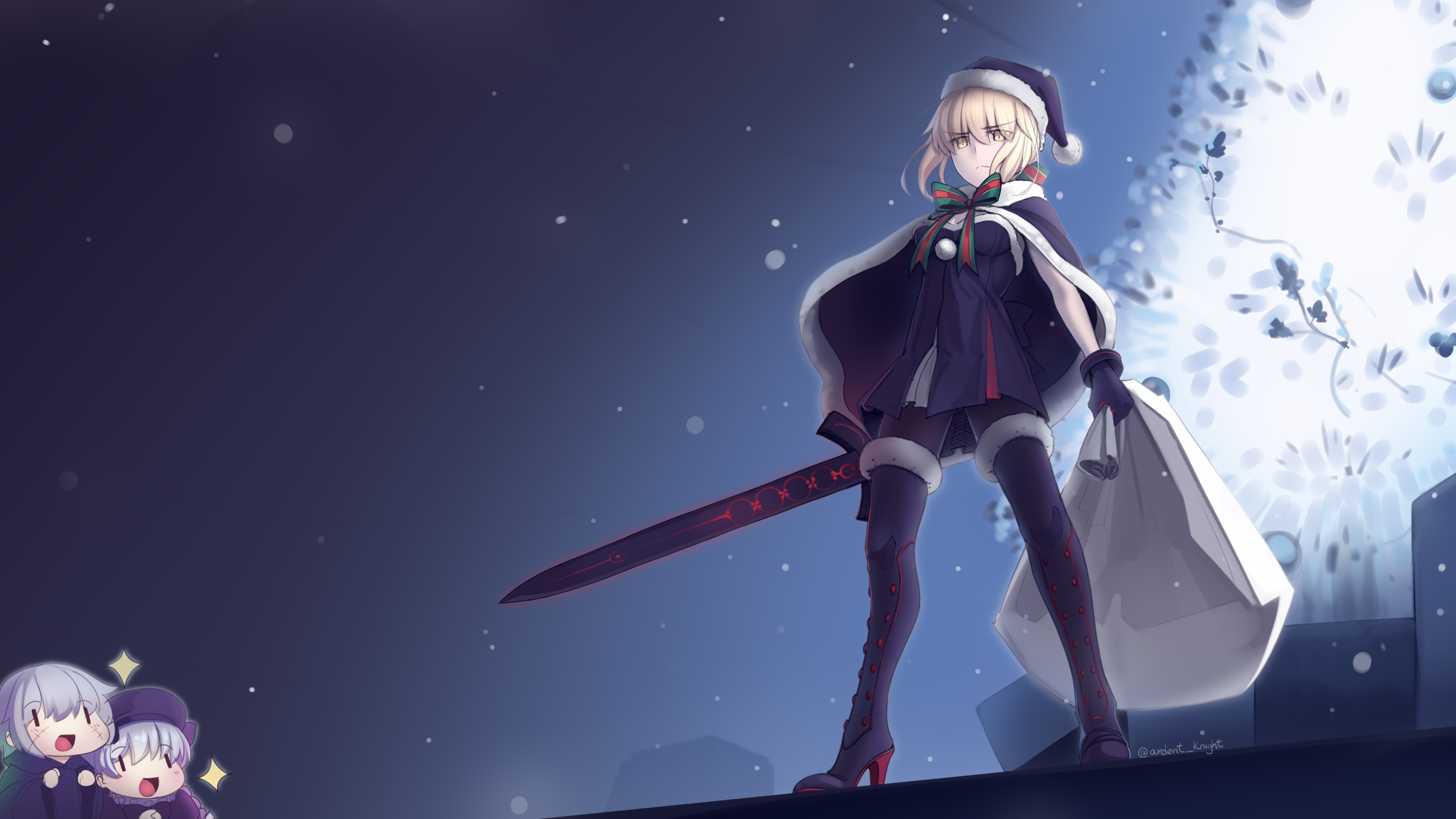 Anime 3556x2000 Artoria Pendragon (Alter) Fate series anime girls standing Christmas Christmas clothes night sword weapon blonde yellow eyes watermarked gloves simple background snow looking at viewer short hair bow tie