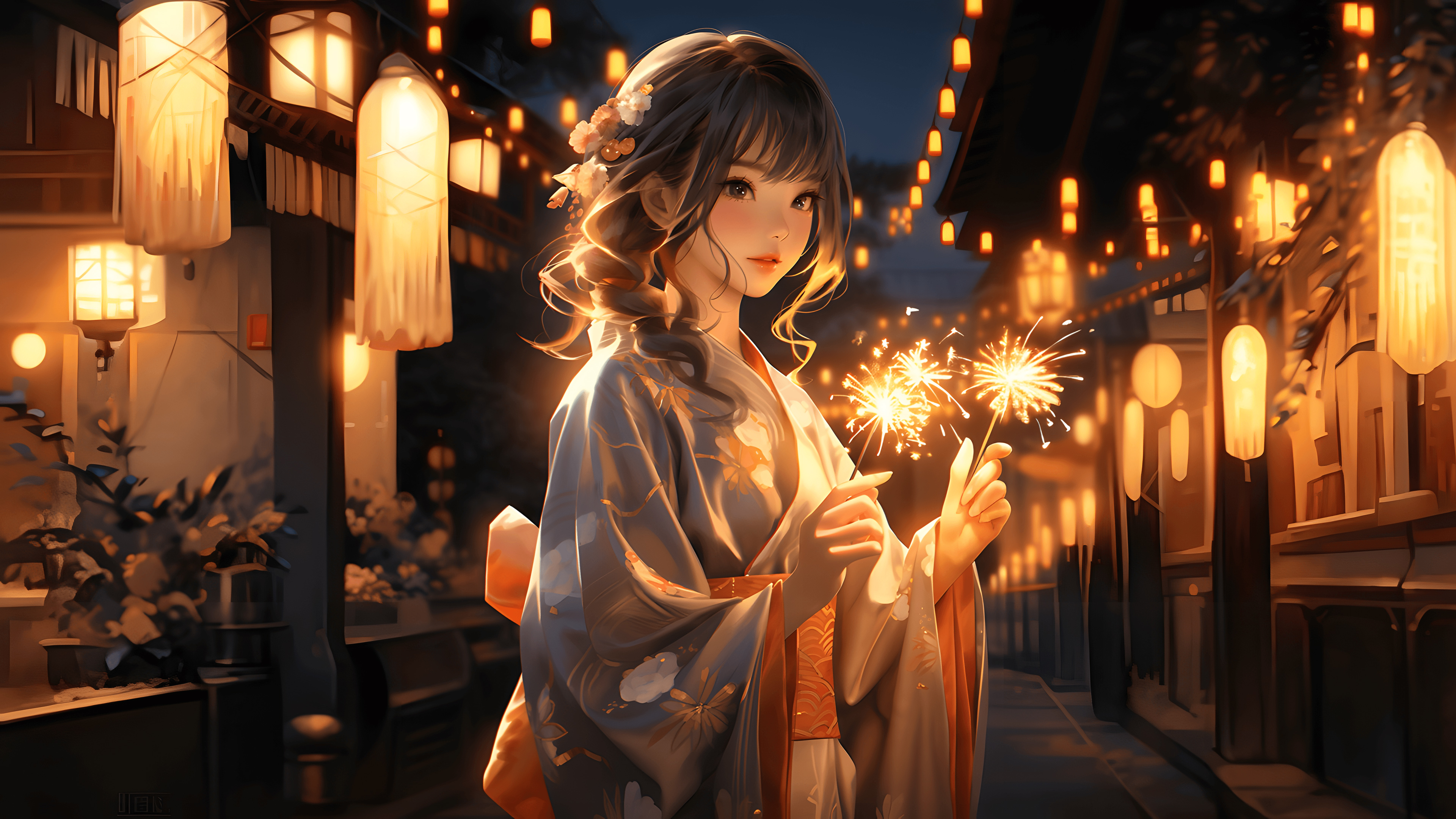 General 3840x2160 AI art women digital art Asian short hair kimono lights looking at viewer fireworks building standing flower in hair blurred blurry background night flowers