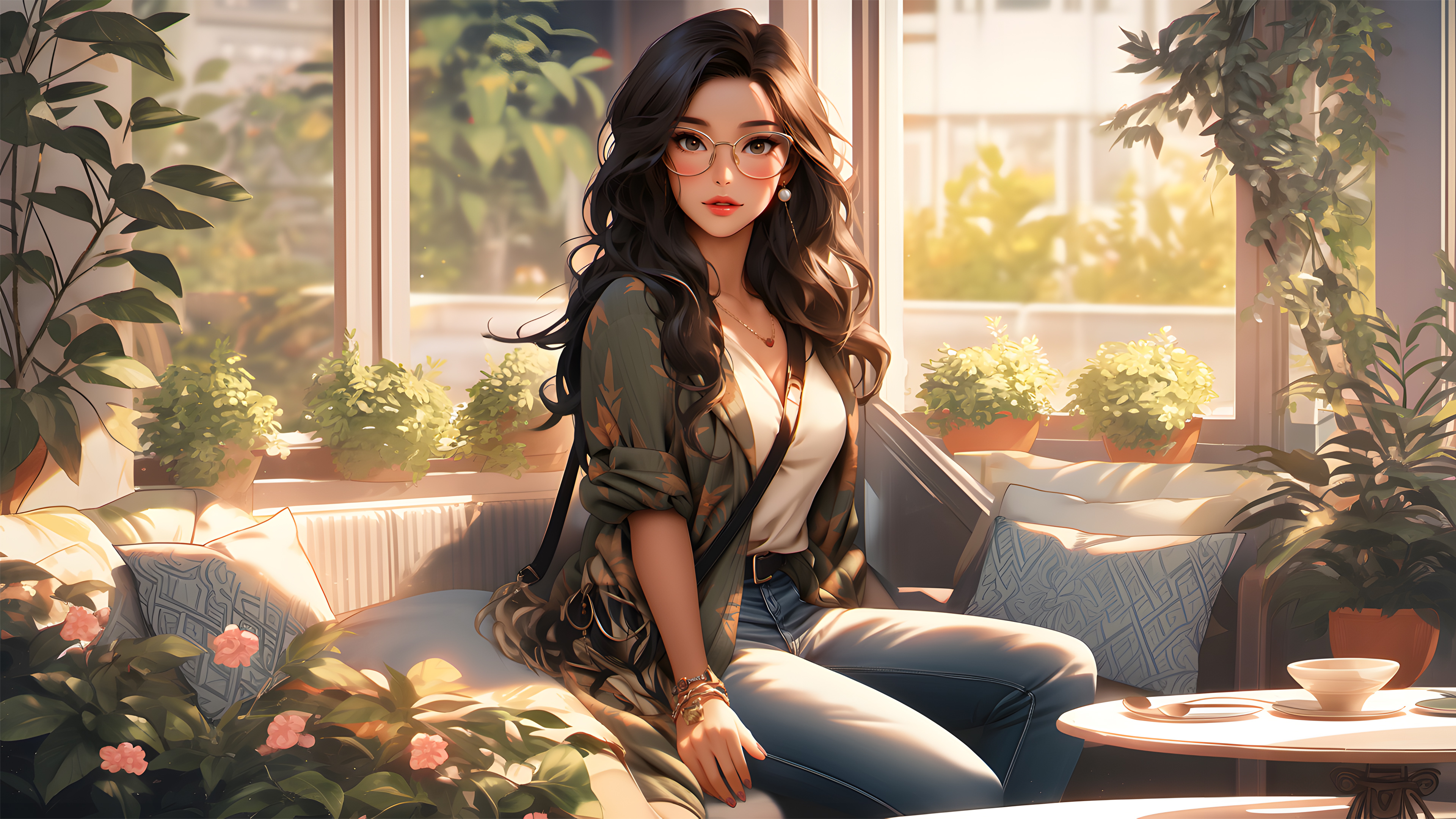 General 3840x2160 AI art women digital art long hair sitting looking at viewer leaves sunlight flowers window earring table couch pillow glasses