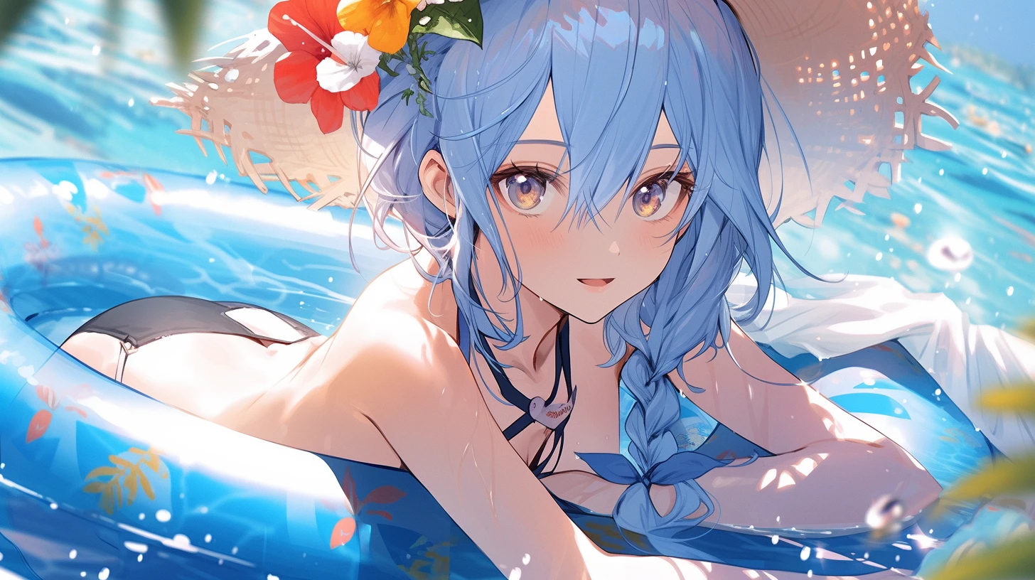 Anime 1456x816 AI art anime girls bent over swimwear floater water blue hair yellow eyes braids straw hat sunlight in water leaves looking at viewer flower in hair digital art blushing water drops Roxy