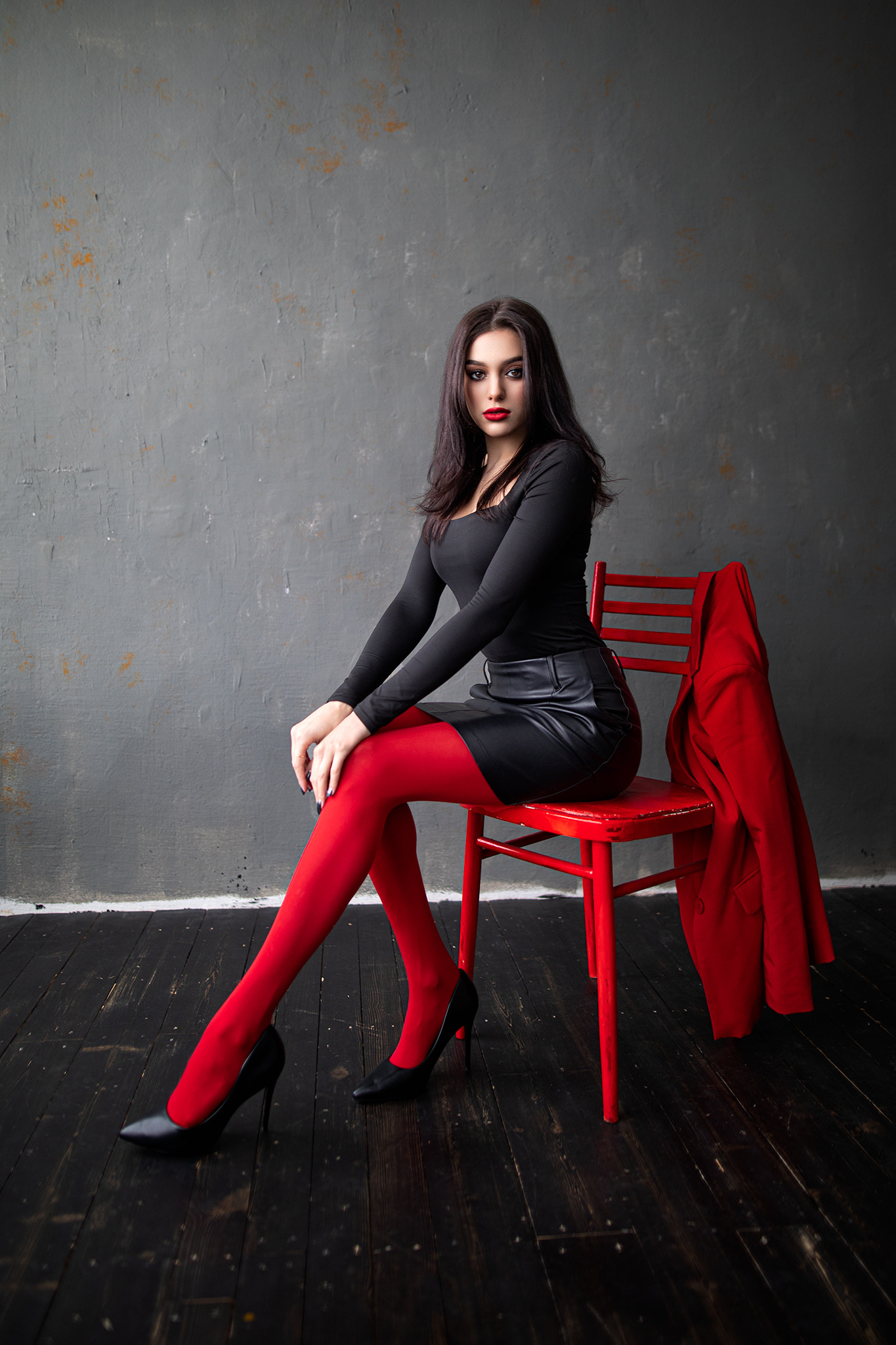 People 1365x2048 Dmitry Shulgin women brunette makeup red chair black floor lipstick Kristina Romanova heels portrait display