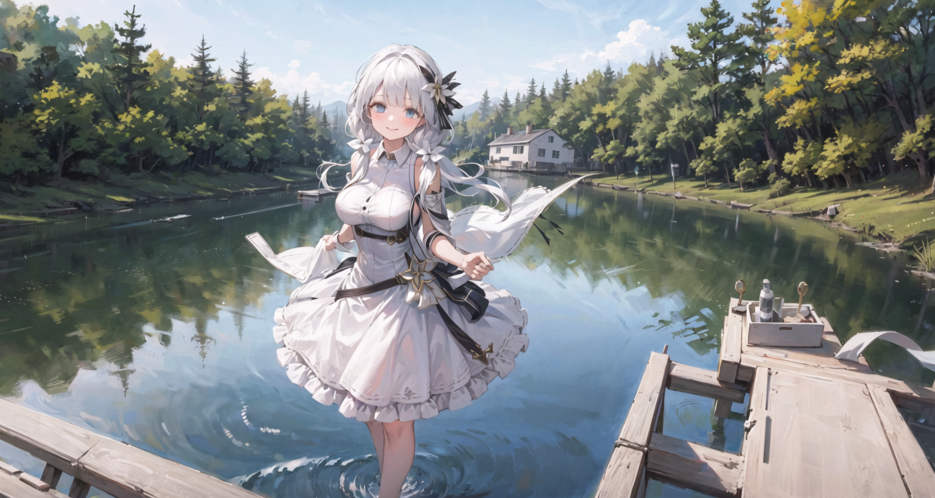 Anime 1920x1024 Azur Lane Illustrious (Azur Lane) AI art anime girls water trees smiling looking at viewer twintails flower in hair dress long hair forest