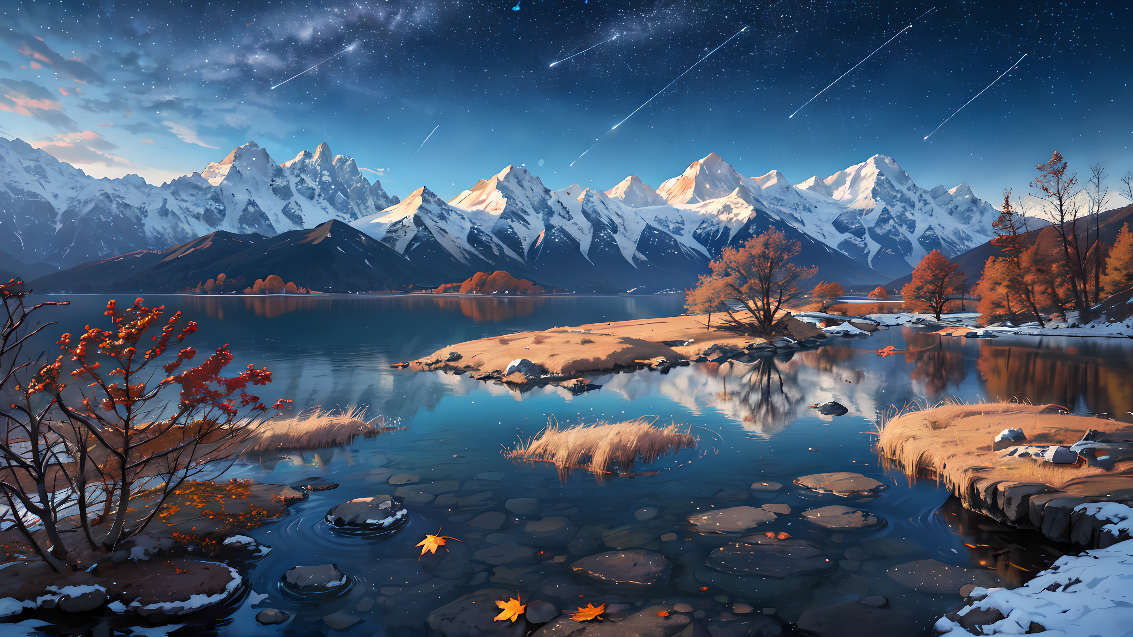 General 3840x2160 AI art snowy peak water snow covered mountains maple leaves snow nature reflection trees leaves sky stars starry night