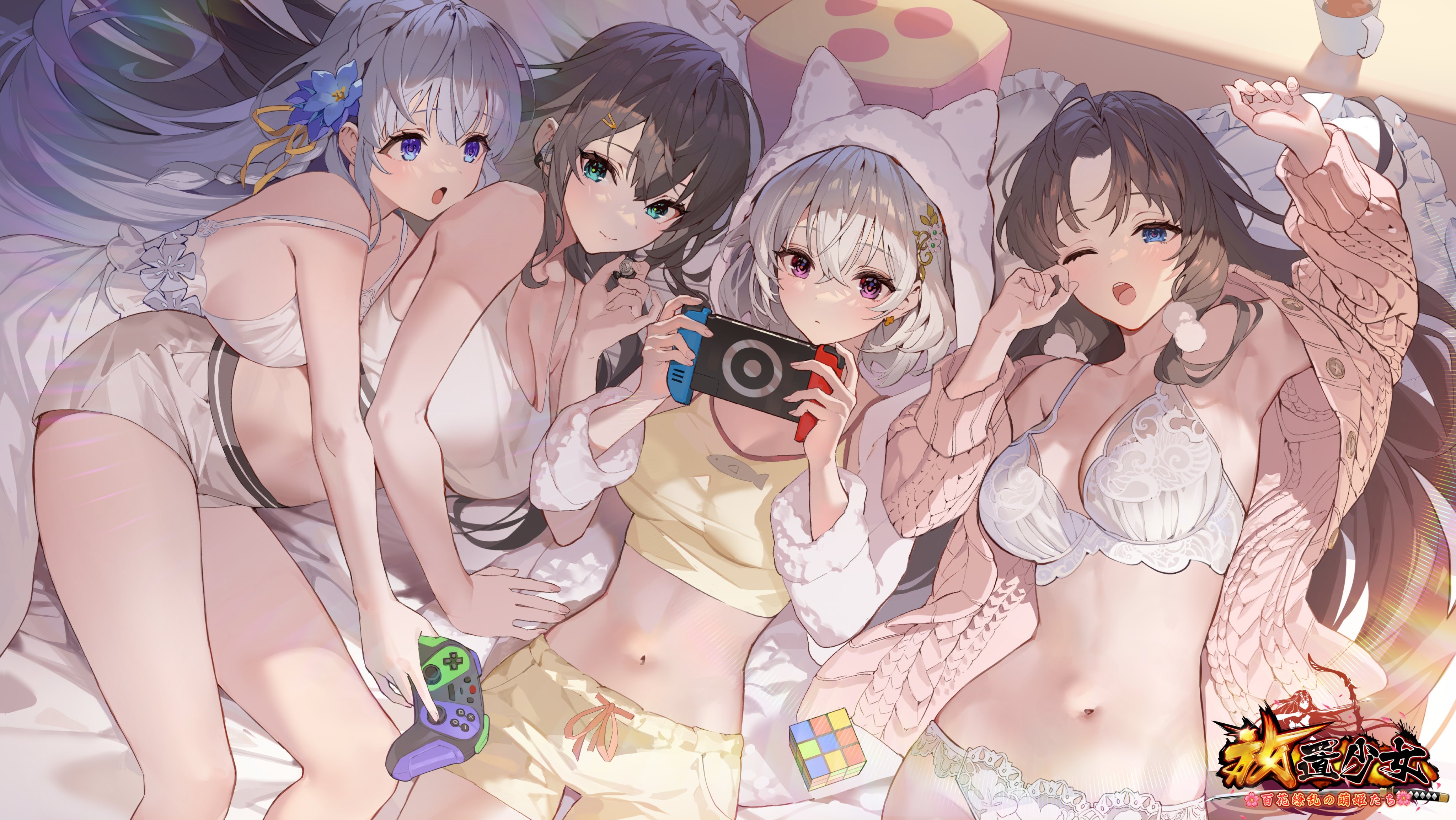 Anime 4096x2307 anime girls video game girls group of women underwear lying on back line-up women quartet big boobs Nintendo Switch one eye closed stretching controllers Rubik's Cube belly belly button long hair flower in hair