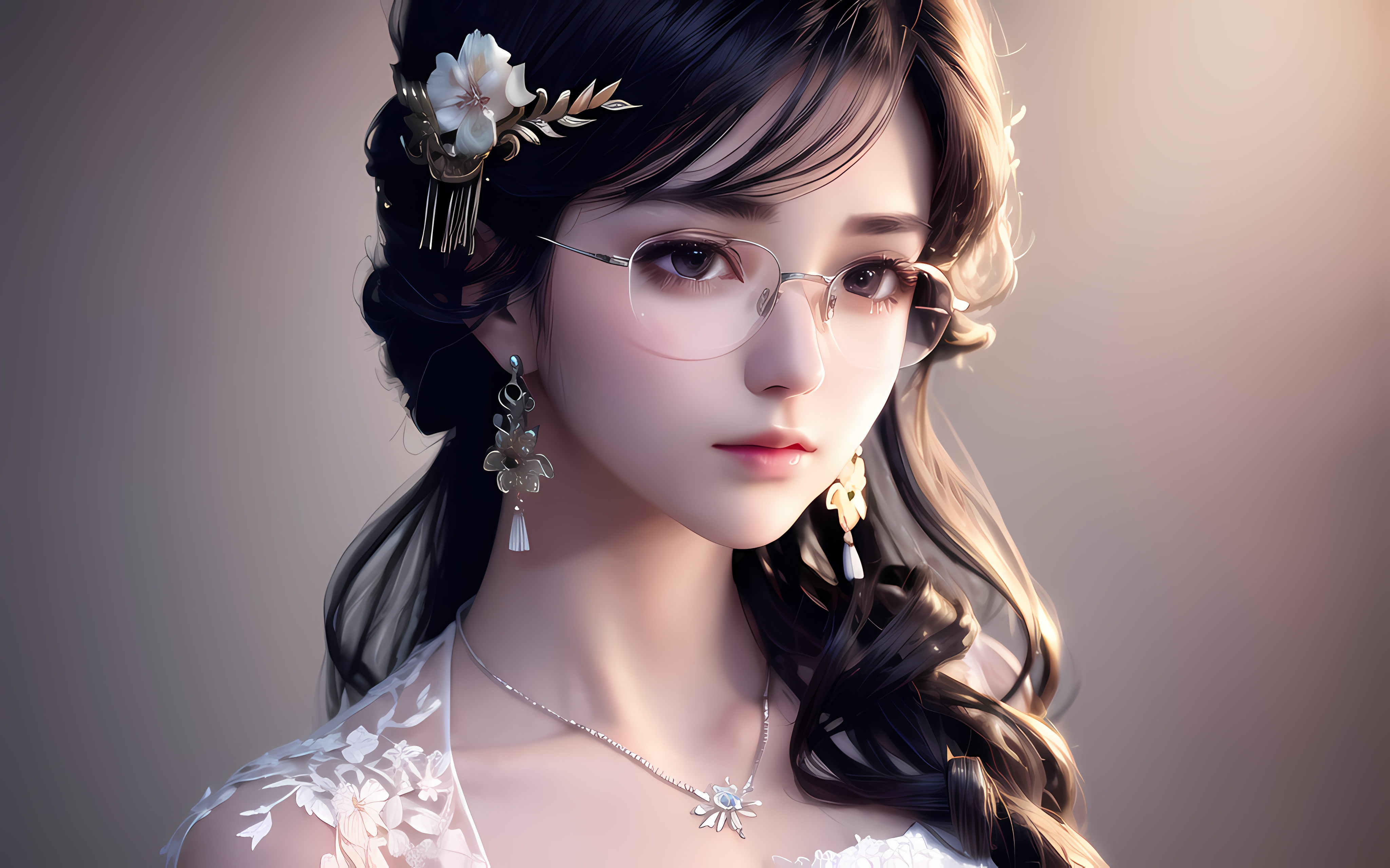 General 4096x2560 Ai Dongdong Asian women glasses earring necklace jewelry long hair simple background dress AI art