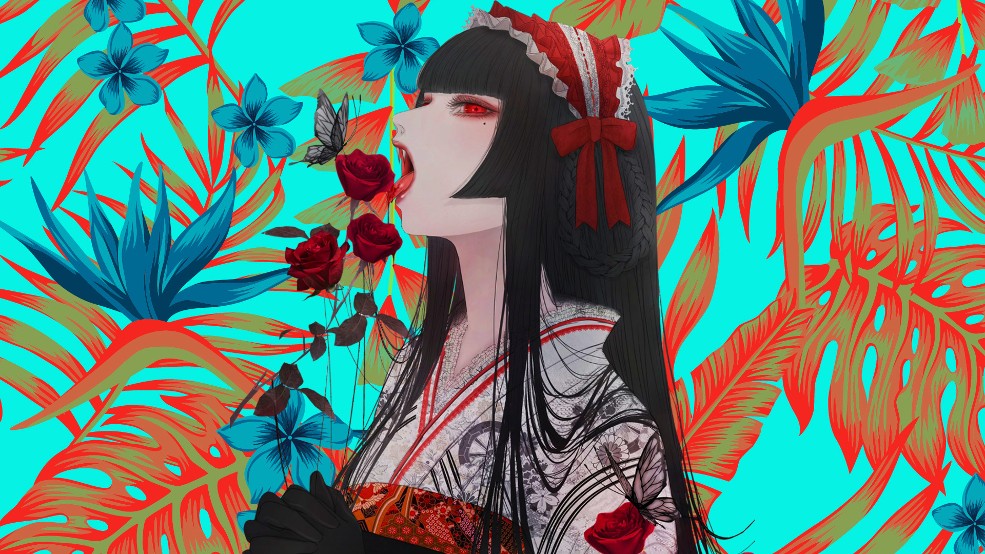 Anime 1920x1080 anime girls creative coding leaves flowers looking at viewer moles mole under eye kimono long hair tongue out open mouth butterfly
