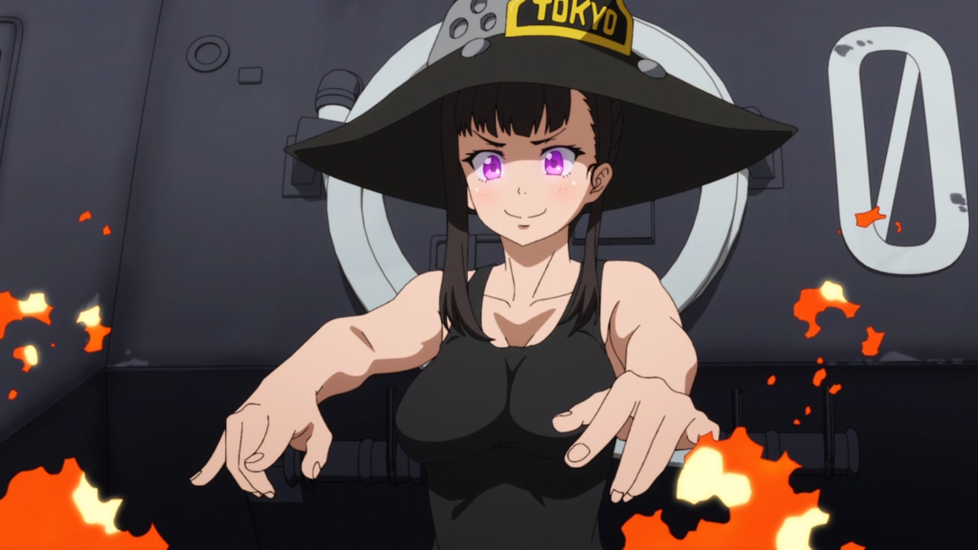 Anime 1920x1080 Maki Oze Enen no Shouboutai anime Anime screenshot smiling anime girls fire