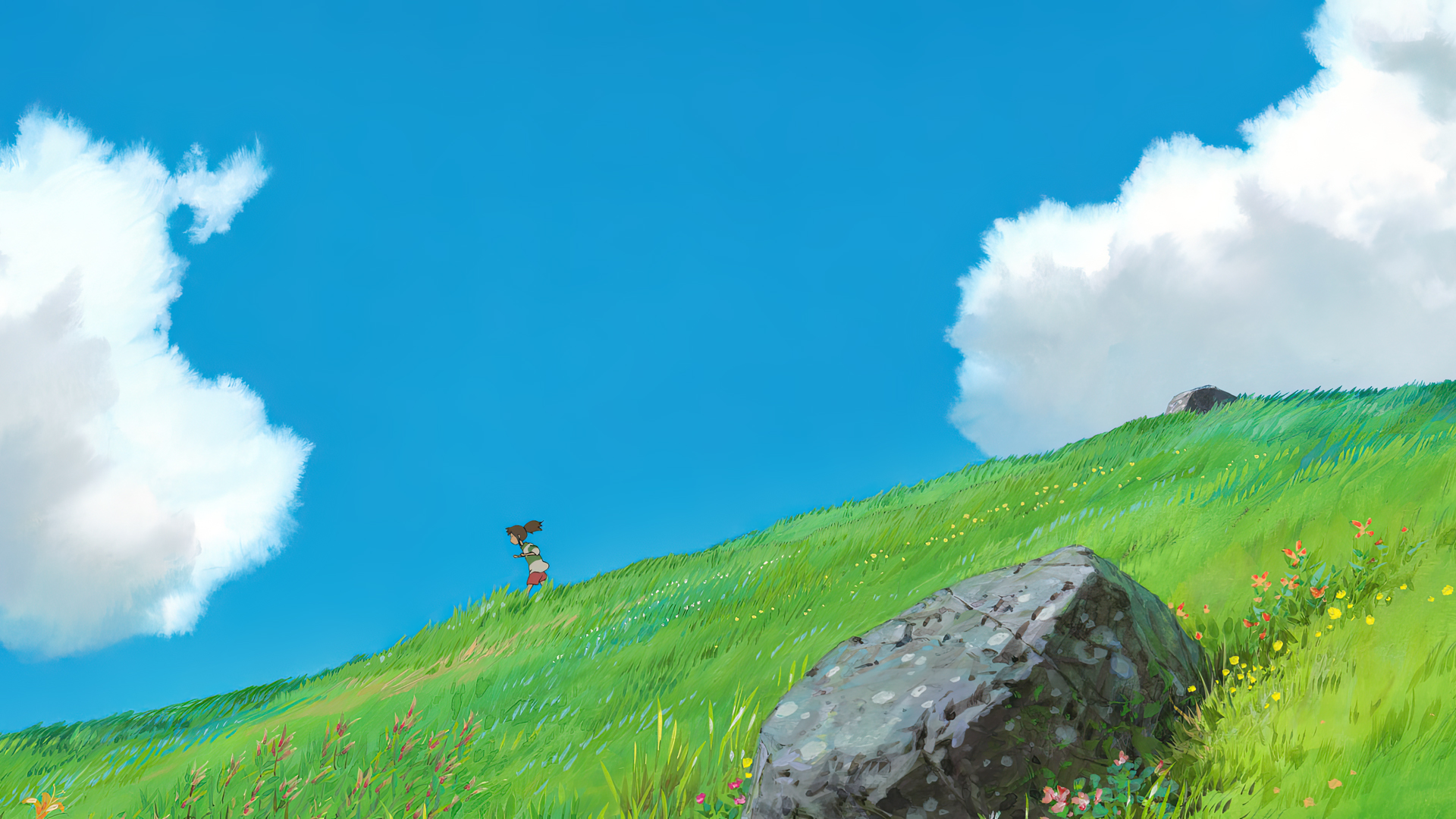 Anime 1920x1080 Spirited Away animated movies film stills sky clouds grass Hayao Miyazaki summer anime anime girls flowers running animation rocks field Studio Ghibli Chihiro Kazuo Oga