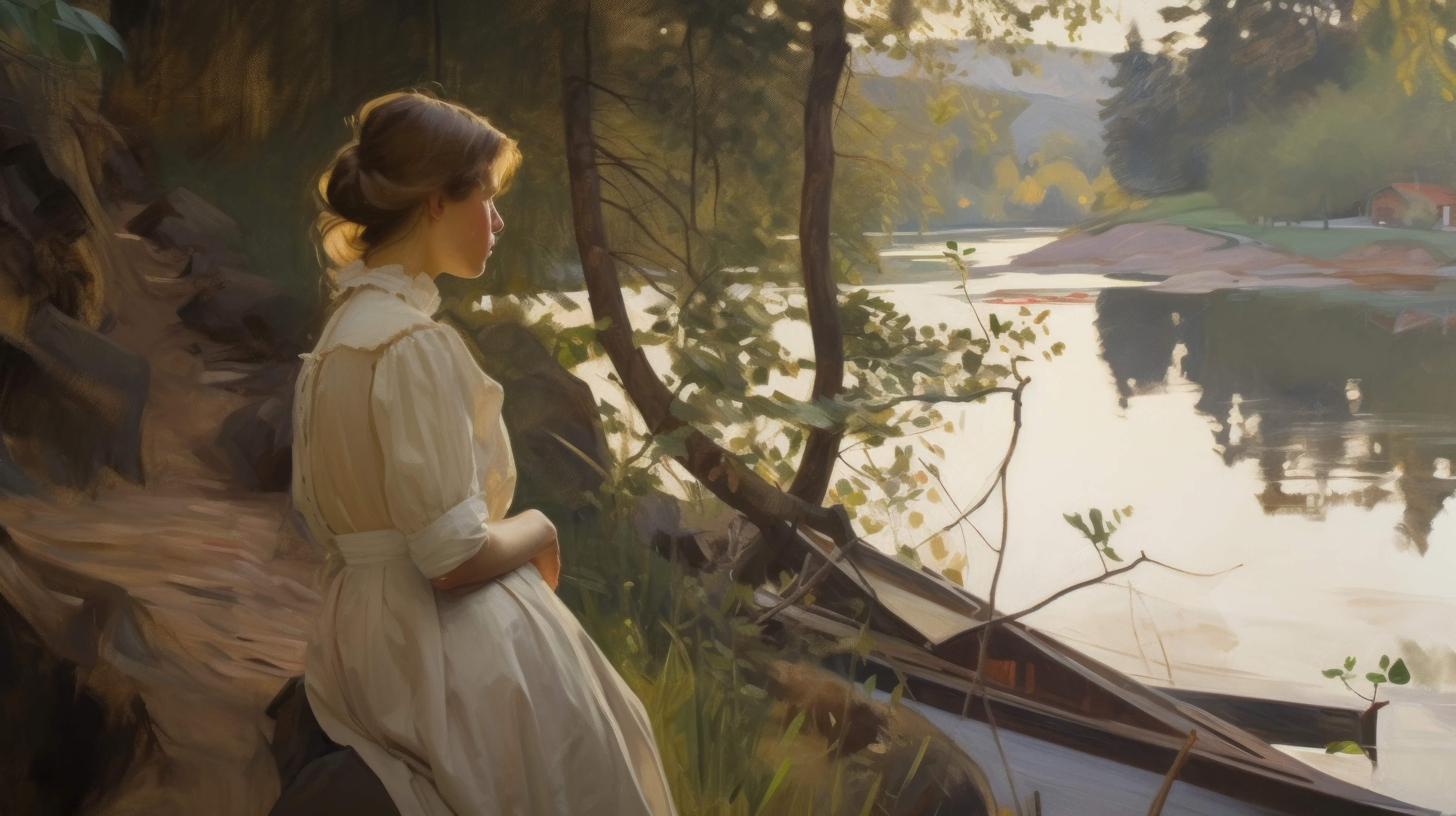 General 3854x2160 AI art women painting Anders Zorn river landscape water reflection