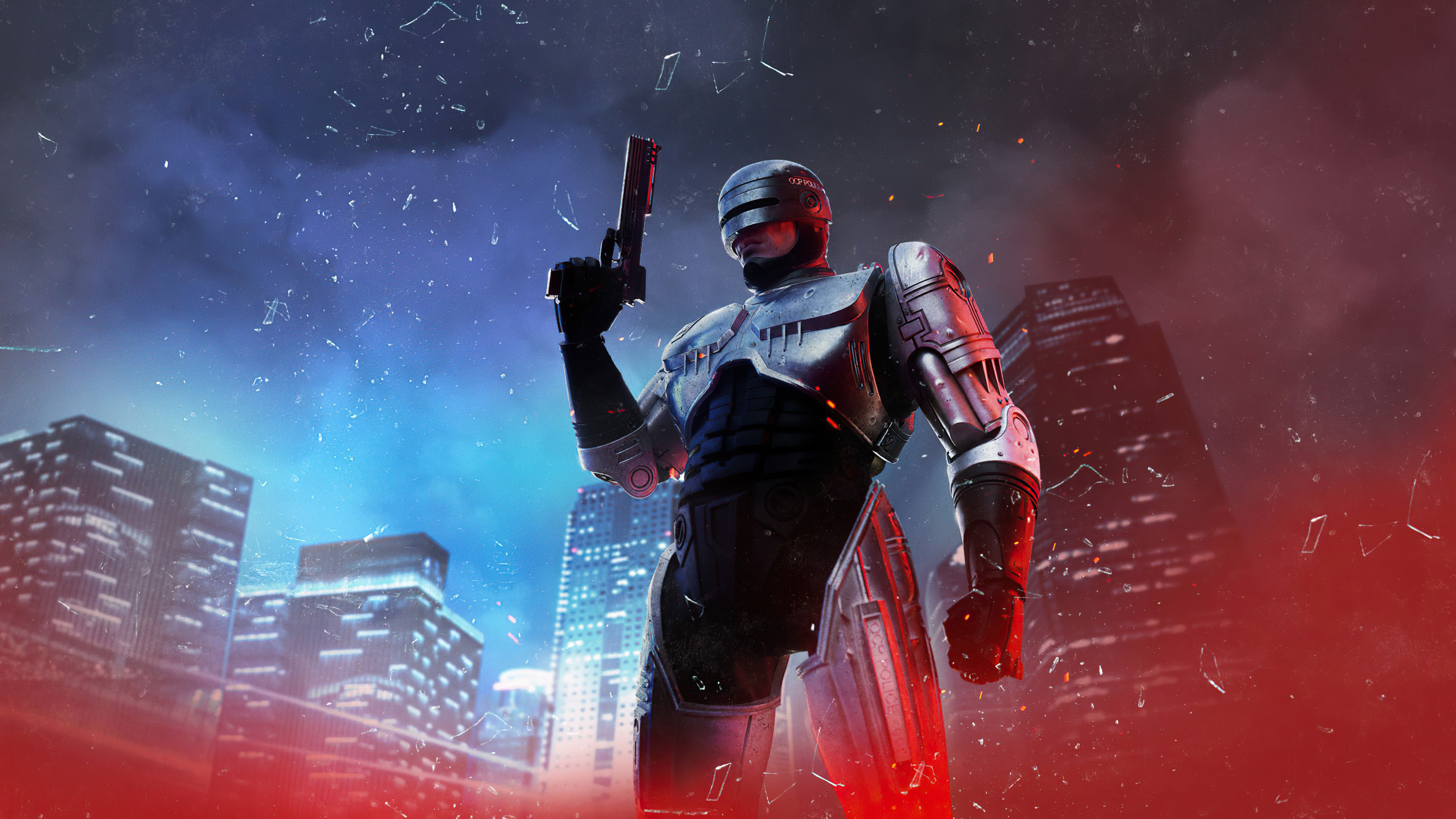 General 3840x2160 RoboCop science fiction cyborg artwork digital art video games gun city city lights building low-angle