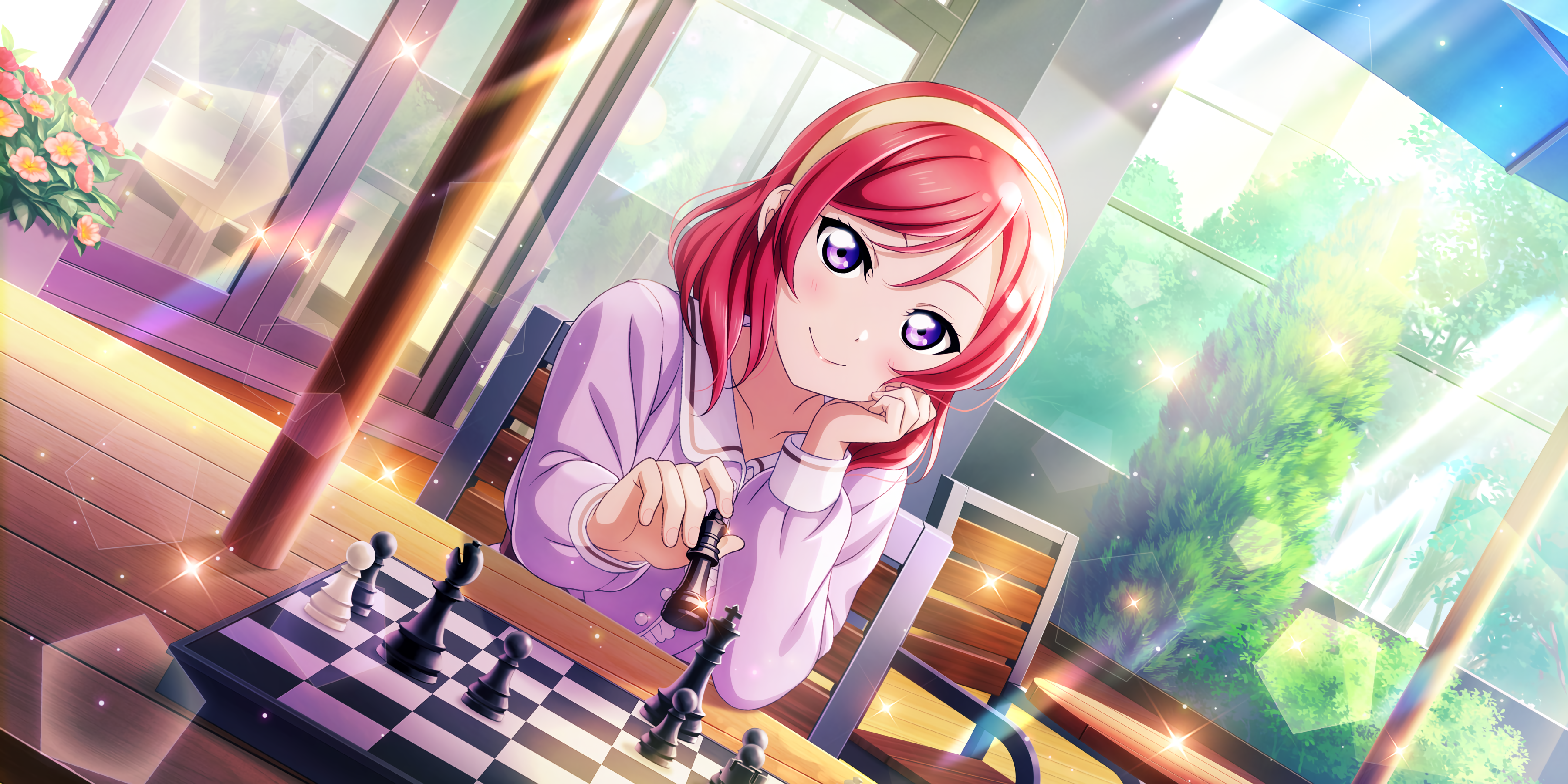 Anime 3600x1800 Nishikino Maki Love Live! anime anime girls smiling looking at viewer chess checkered sunlight sparkles flowers blushing chair sitting