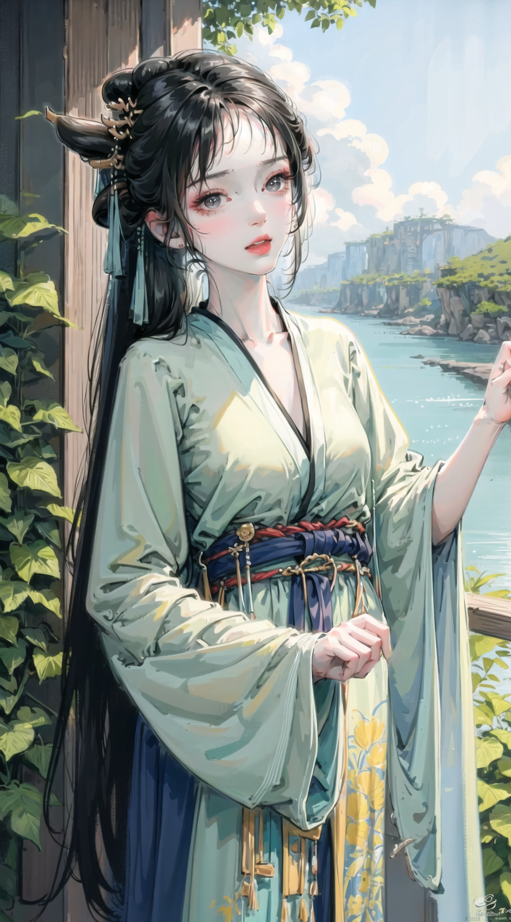 General 1054x1901 portrait illustration fantasy girl portrait display kimono leaves water long hair looking at viewer AI art