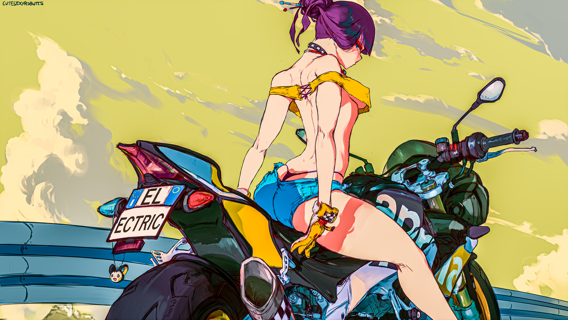 Anime 1920x1080 Elesa (Pokemon) underboob butt floss butt crack thong jean shorts short shorts thighs motorcycle belly bare midriff crop top yellow tops blue shorts gloves highway choker ponytail purple hair bangs long hair hairbun looking back looking at viewer rearview mirror vehicle tires Pokémon Nintendo video games alternate costume taillights licence plates purple thong nipple bulge Cutesexyrobutts video game girls Emolga text anime girls ass big boobs wide hips lingerie purple lingerie