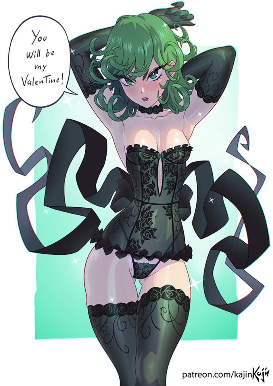 Anime 950x1344 Tatsumaki lingerie green eyes green hair One-Punch Man anime girls small boobs gloves text Pixiv portrait display thighs Valentine's Day looking at viewer elbow gloves stockings armpits choker patreon