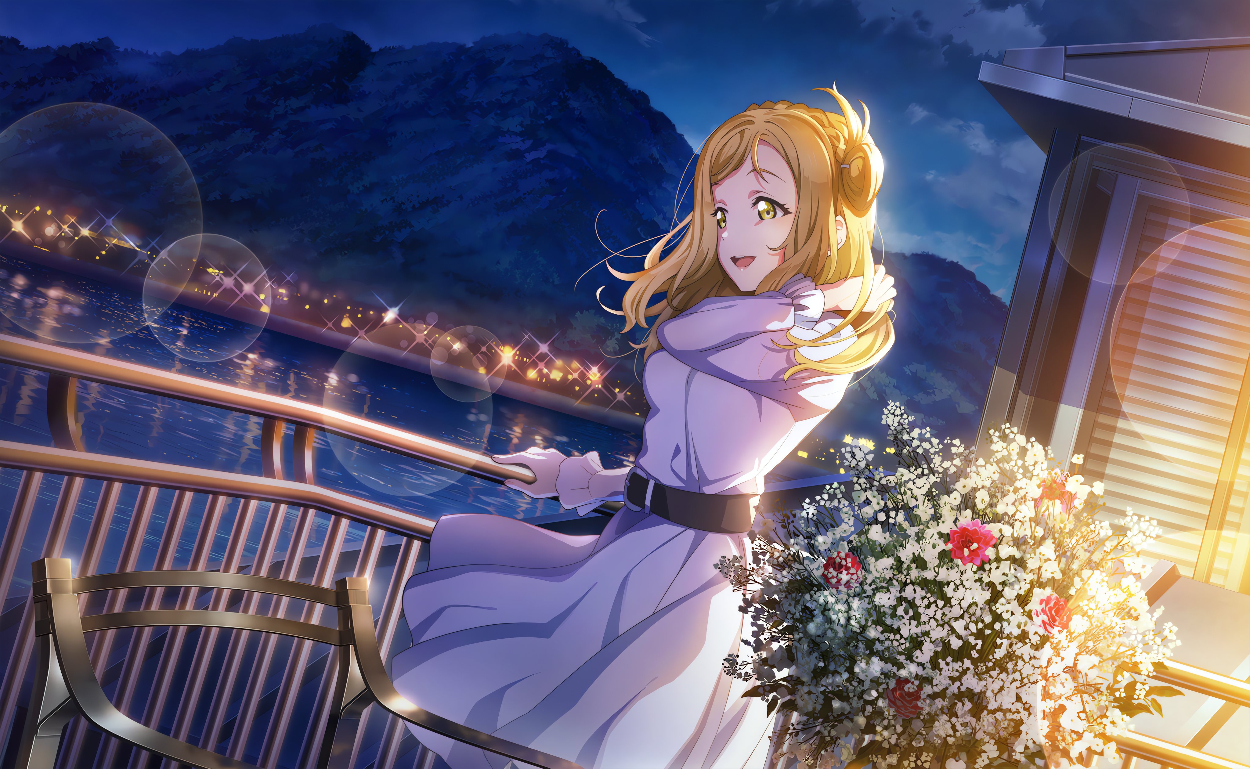 Anime 4096x2520 Ohara Mari Love Live! Love Live! Sunshine anime anime girls flowers night mountains sky clouds water city city lights blonde looking away lights