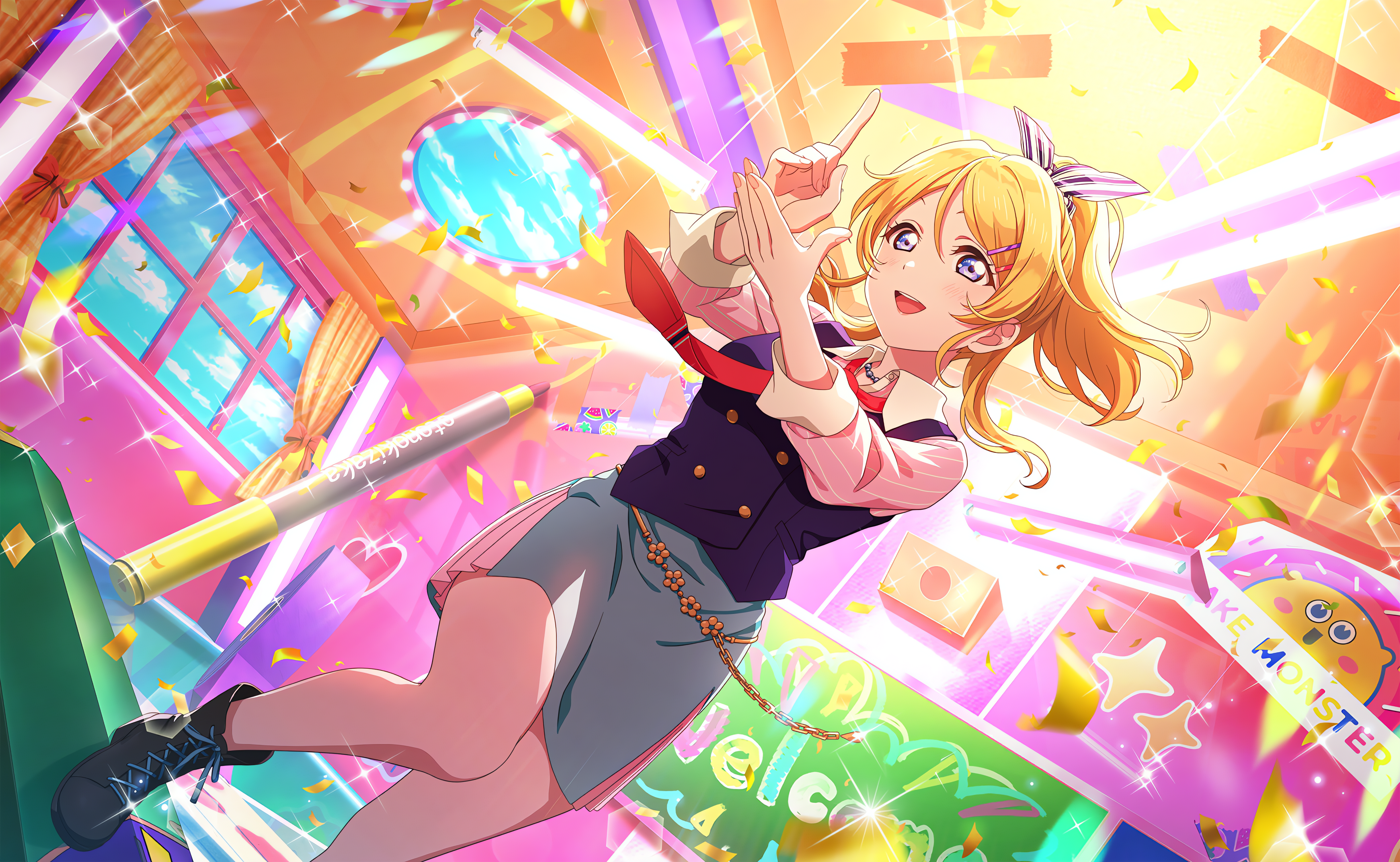 Anime 4096x2520 Ayase Eli Love Live! anime anime girls smiling looking at viewer confetti window sky clouds stars blushing lights