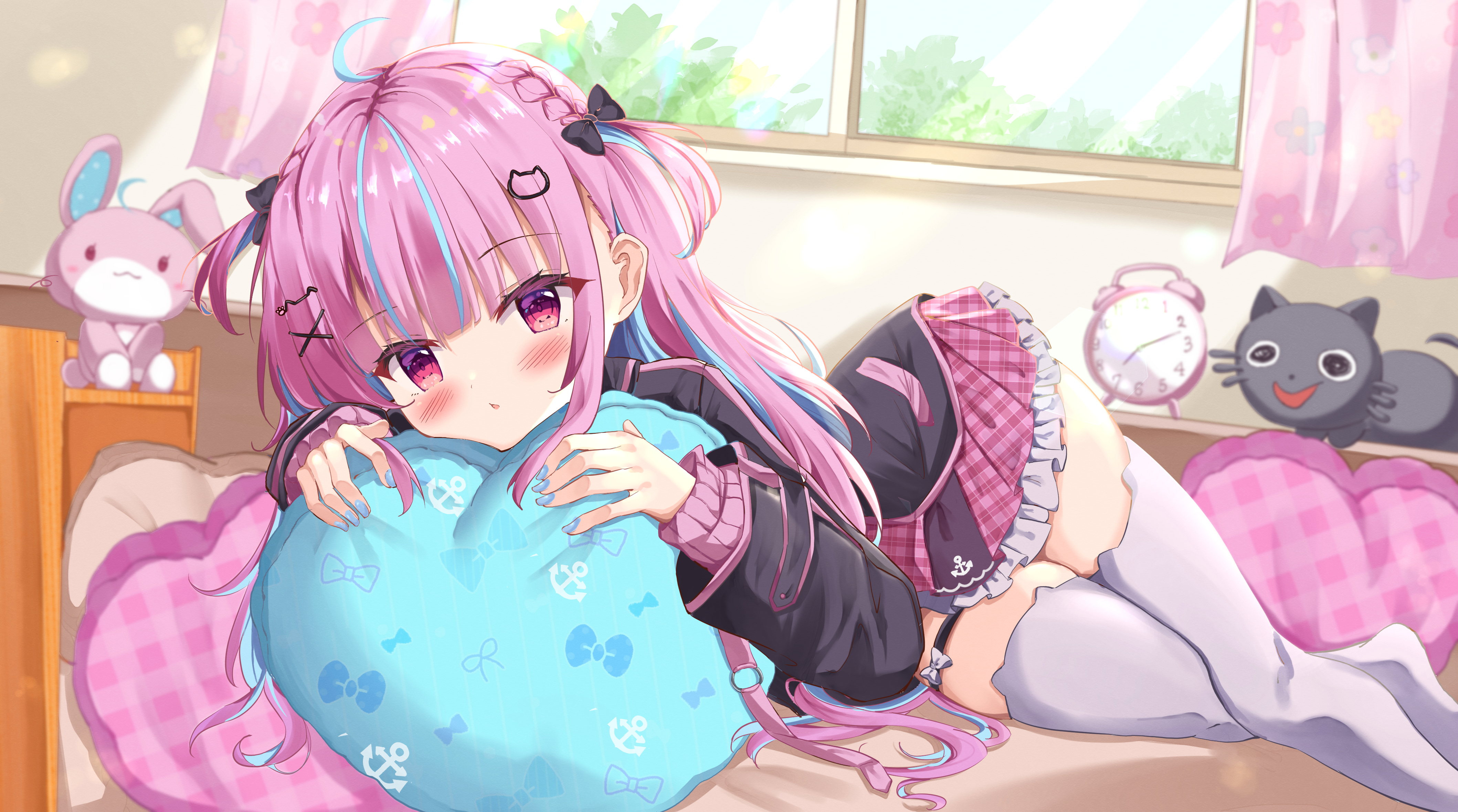 Anime 4236x2360 anime anime girls Minato Aqua Hololive Virtual Youtuber long hair two tone hair stockings window interior room cats animals clocks plush toy looking at viewer blushing pillow thighs lying down lying on front