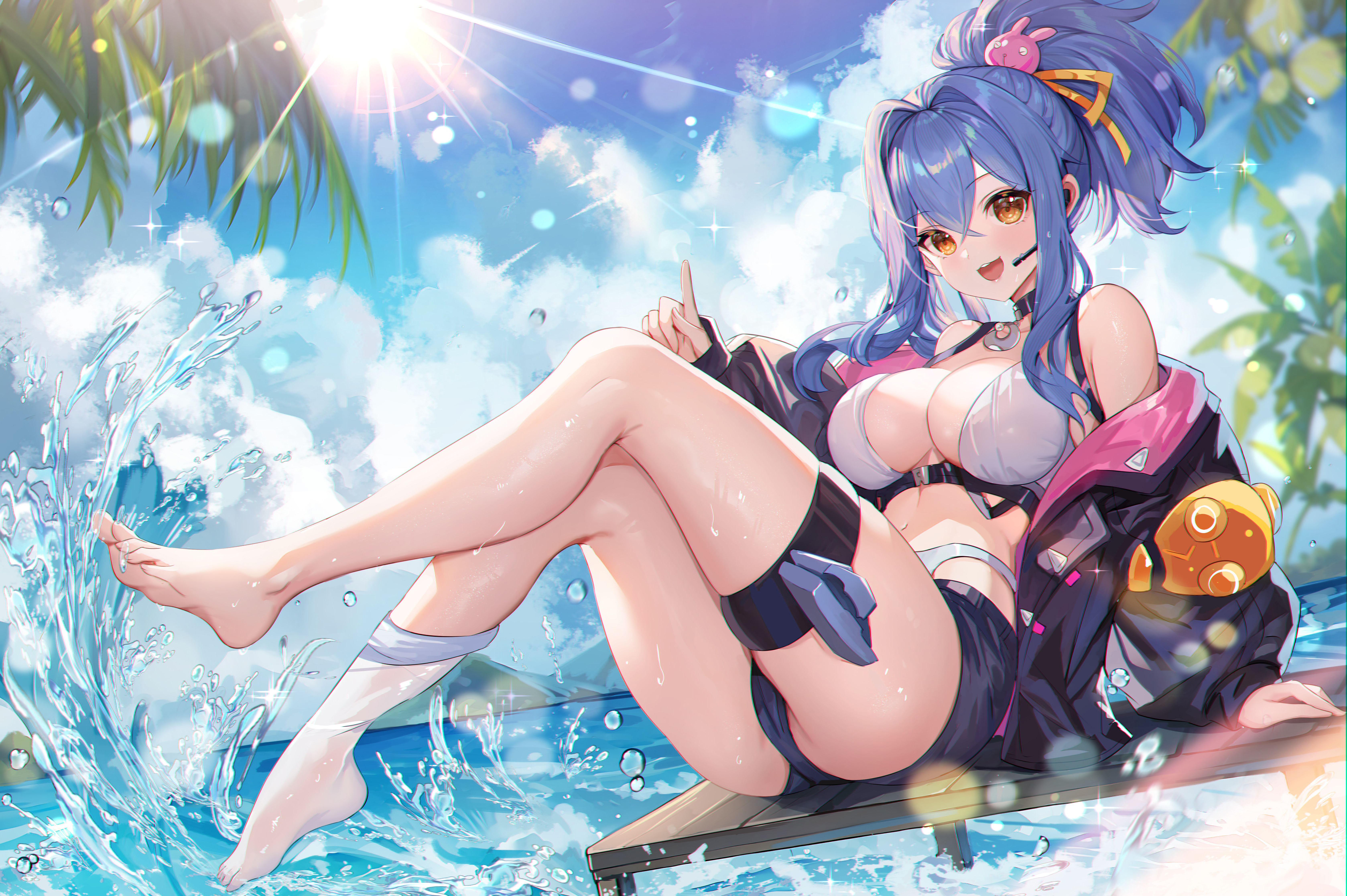 Anime 6714x4464 World Flipper big boobs anime girls white bikini Amelia (World Flipper) bikini looking at viewer white swimsuit sunlight swimwear open jacket thigh strap water drops Gejigejier black shorts bare shoulders clouds blue hair orange eyes smiling open mouth cleavage black jackets long sleeves ponytail legs up skindentation women outdoors shorts palm trees short shorts bare midriff barefoot choker belly button water open shorts microphone horizon hair ribbon jetty