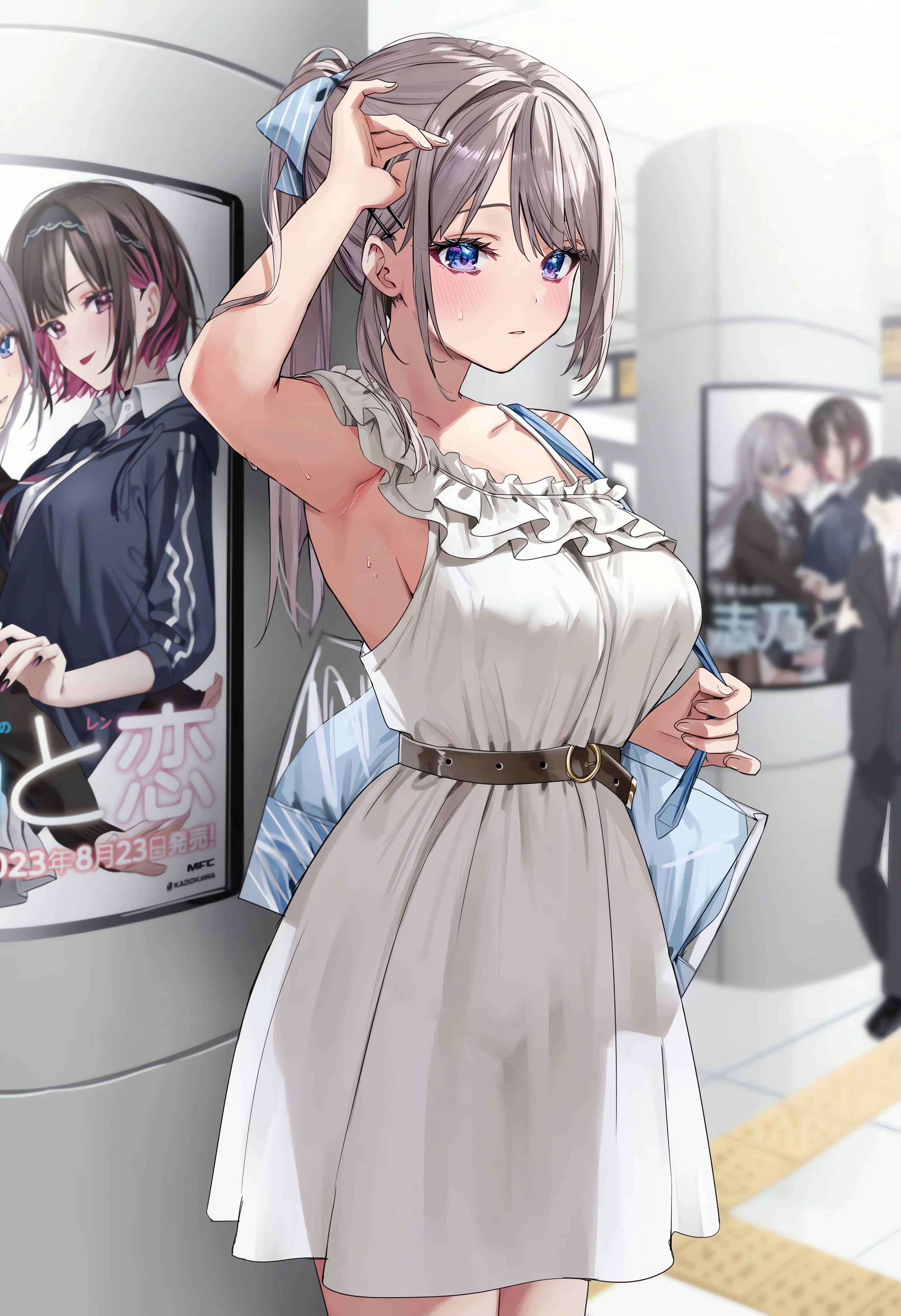 Anime 2806x4096 anime anime girls portrait display standing Japanese looking at viewer purse blushing blue eyes armpits