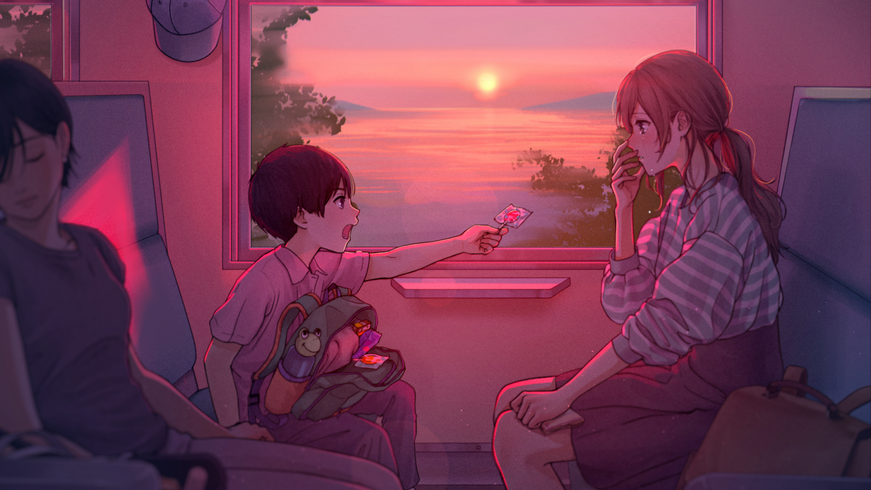 Anime 2894x1628 anime girls brunette train lollipop backpacks crying sunset sunset glow water Sun sitting tears closed eyes long hair anime boys