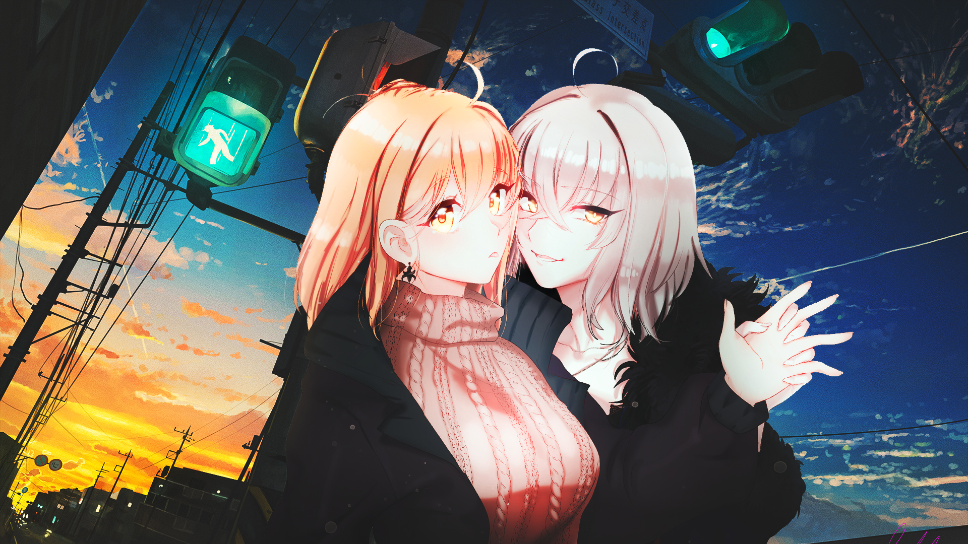 Anime 1920x1080 anime anime girls city Japan night Fate series smiling looking at viewer earring sunset sunset glow sky clouds street light