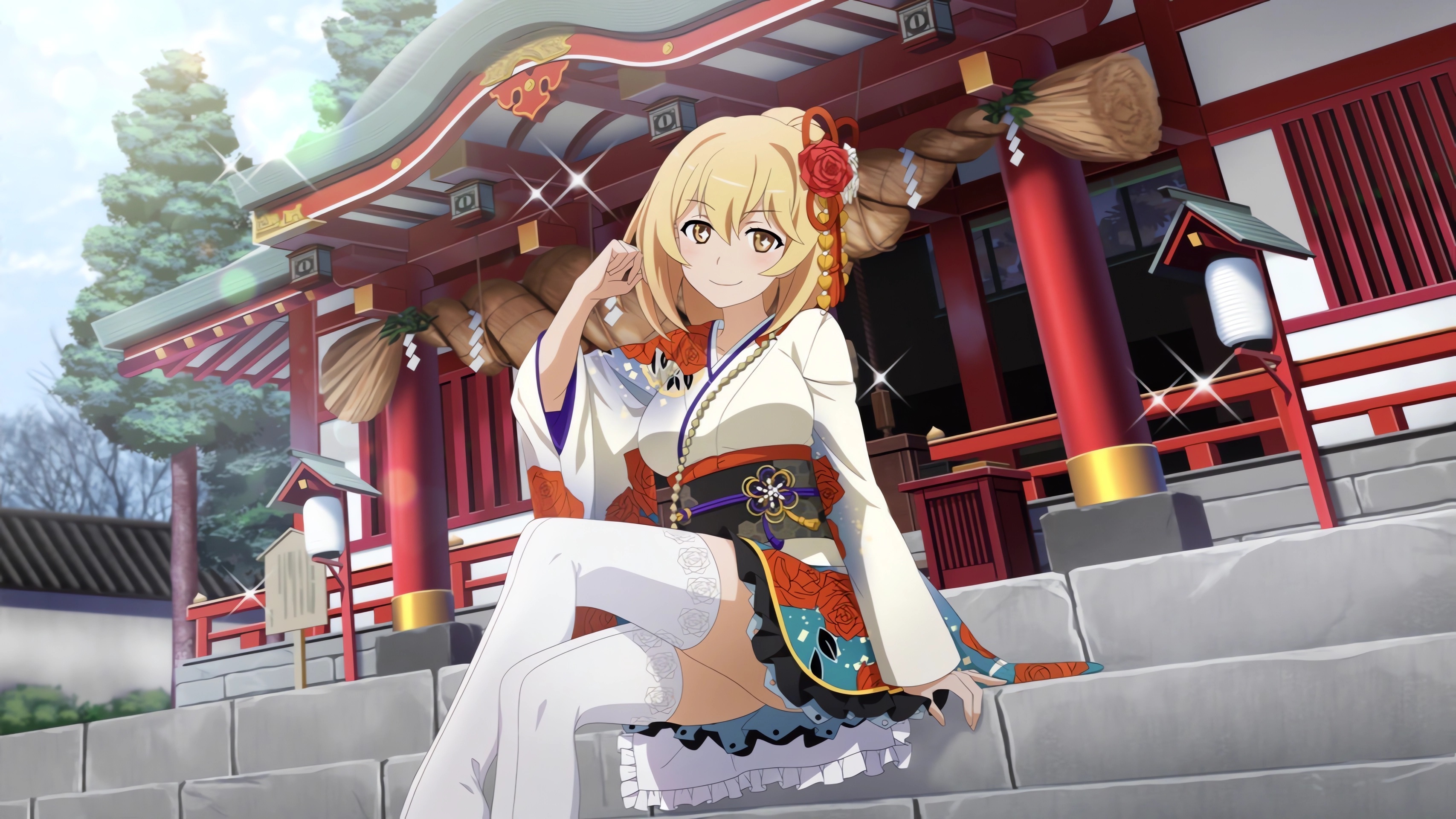 Anime 3414x1920 anime anime girls sitting stockings smiling star eyes stars temple blonde yellow eyes trees sky looking at viewer clouds legs crossed kimono flower in hair