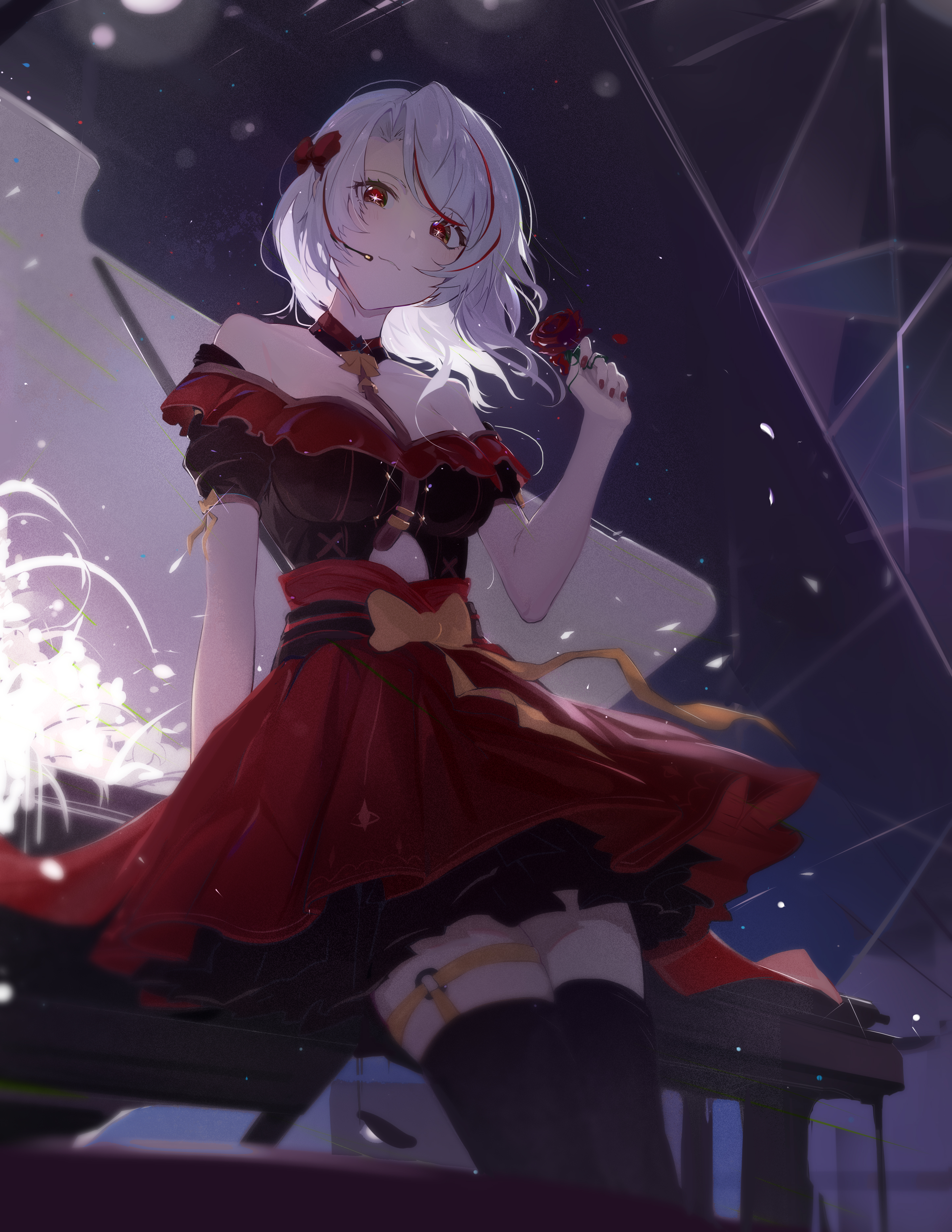 Anime 2894x3745 anime anime girls portrait display dress looking at viewer short hair stockings piano musical instrument rose two tone hair star eyes smiling