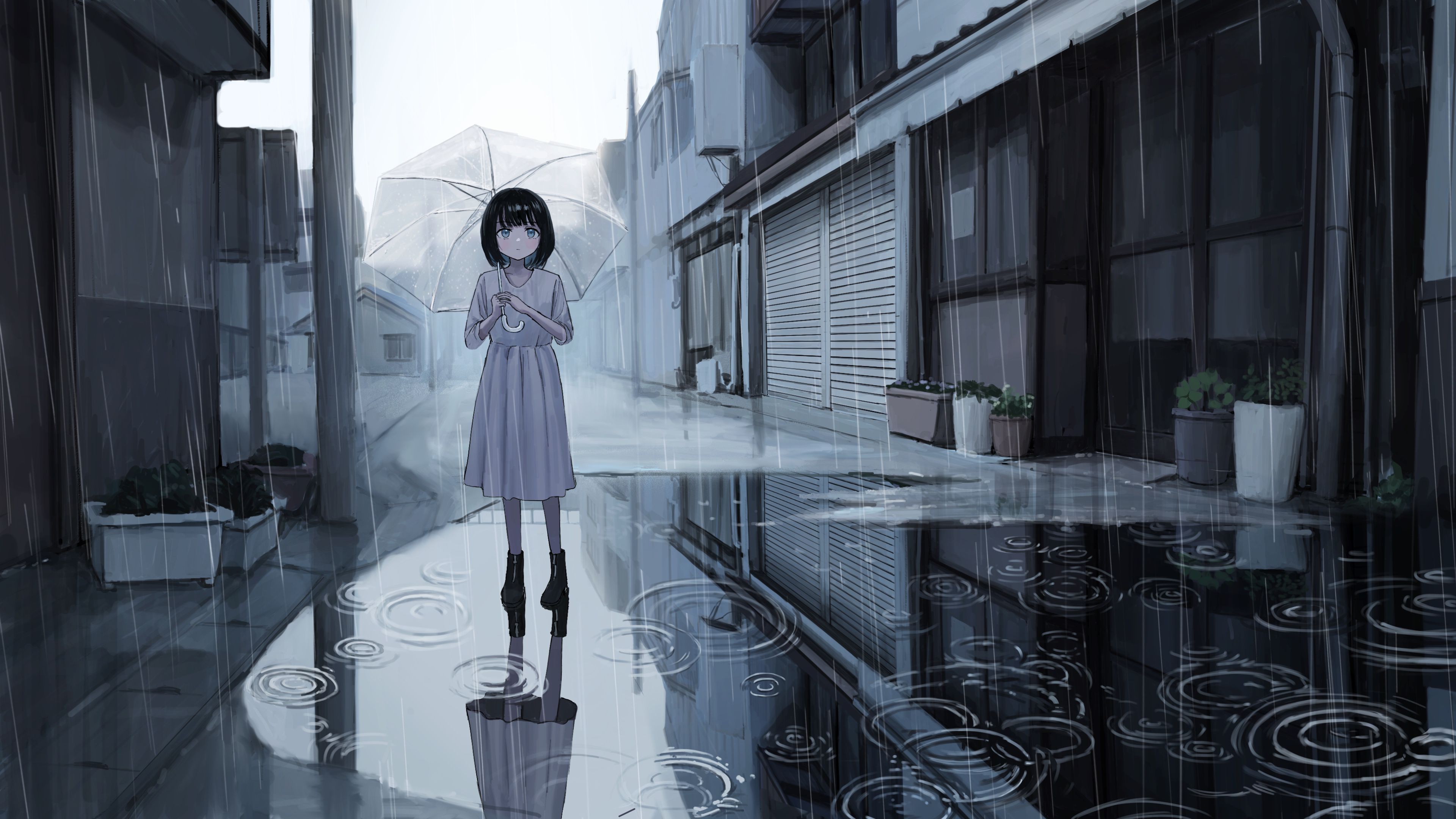 Anime 3840x2160 rain reflection umbrella depressing standing anime girls water looking at viewer short hair plants building blue eyes blue hair boots