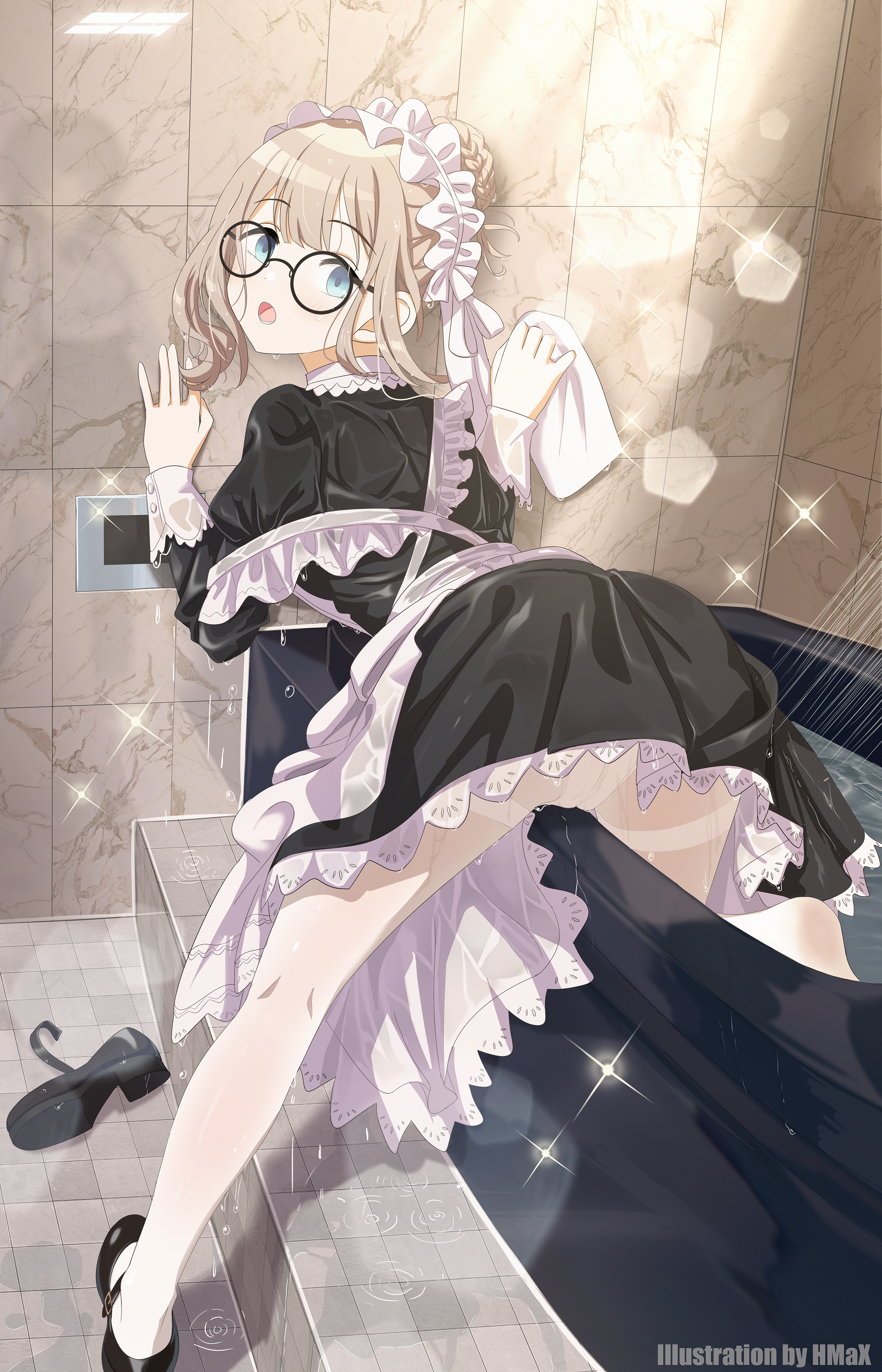 Anime 2500x3889 anime girls anime maid maid outfit bent over stars blonde blue eyes looking back towel looking at viewer heels watermarked bathtub water open mouth glasses portrait display pantyhose panties wet wet clothing shoes braids