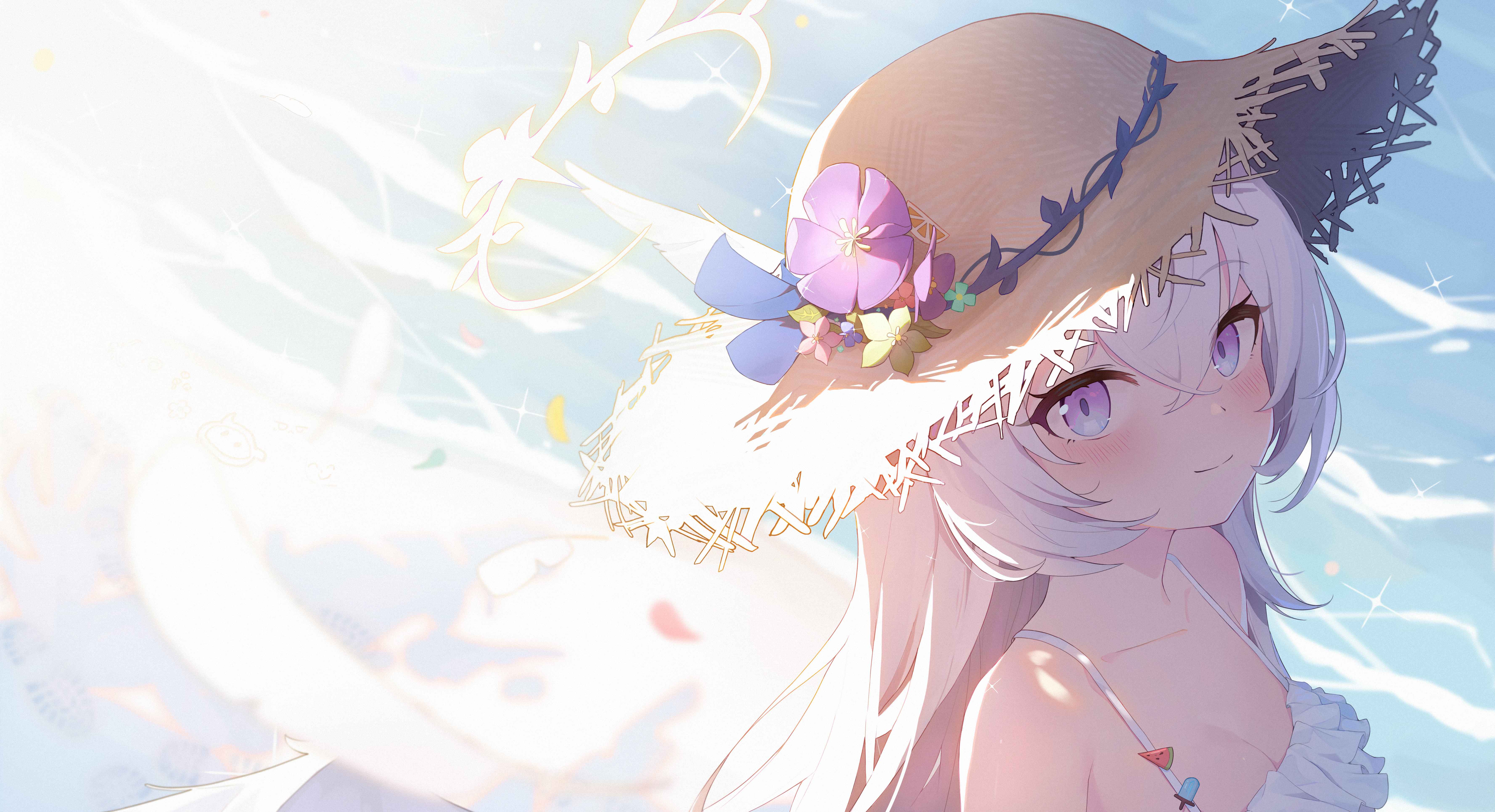 Anime 7111x3866 Blue Archive Shirasu Azusa straw hat anime girls anime games white hair fan art looking at viewer smiling bright petals long hair simple background minimalism cleavage